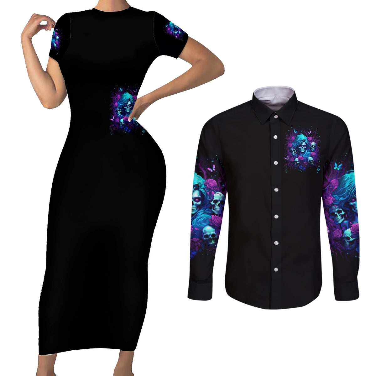 Rose Skull Couples Matching Short Sleeve Bodycon Dress and Long Sleeve Button Shirt I'm Never Alone My Demon Are With Me 24/7 - Wonder Print Shop