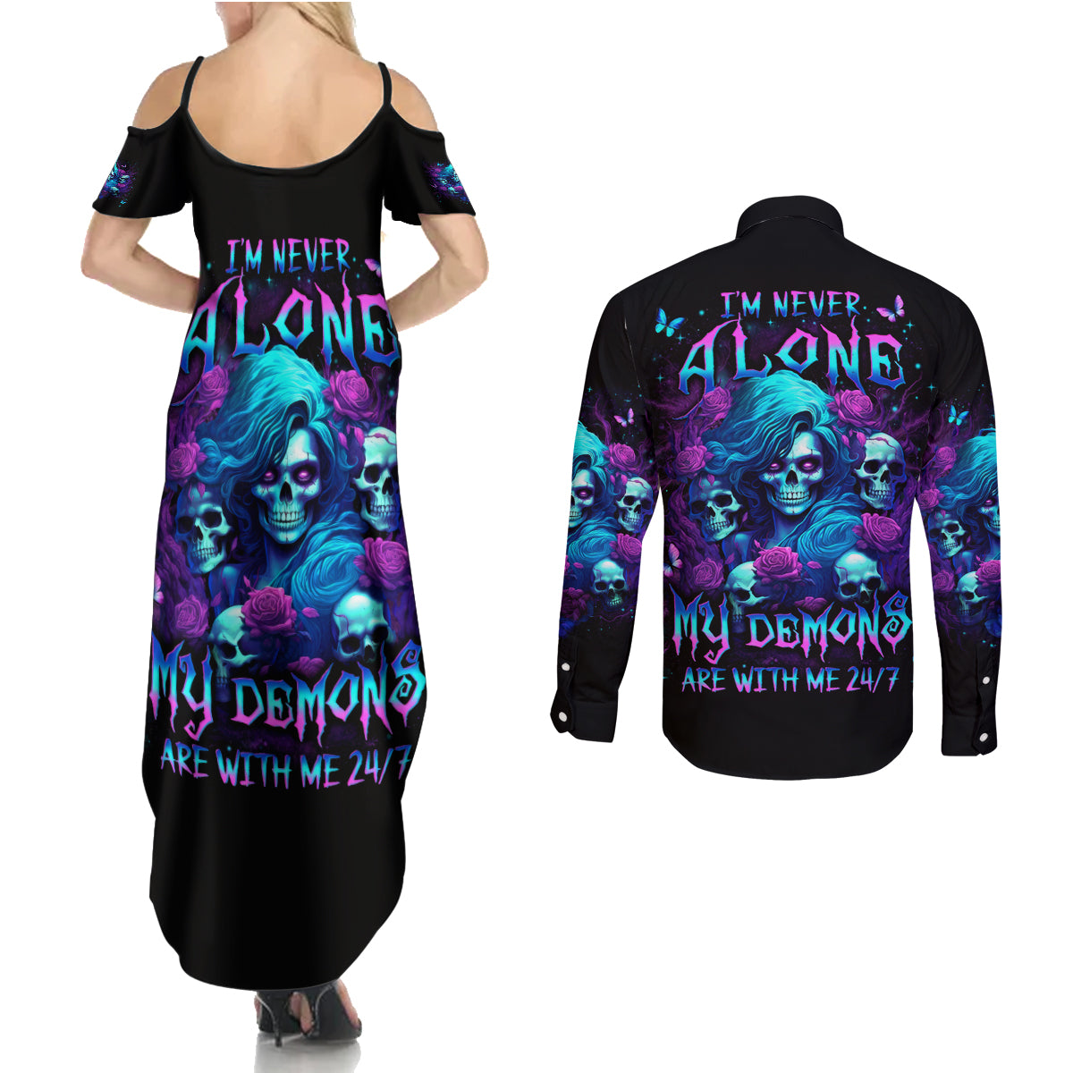 Rose Skull Couples Matching Summer Maxi Dress and Long Sleeve Button Shirt I'm Never Alone My Demon Are With Me 24/7 - Wonder Print Shop