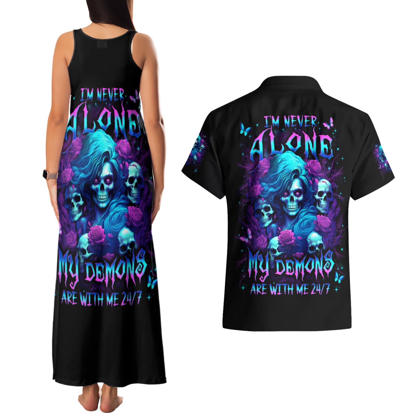 Rose Skull Couples Matching Tank Maxi Dress and Hawaiian Shirt I'm Never Alone My Demon Are With Me 24/7 - Wonder Print Shop
