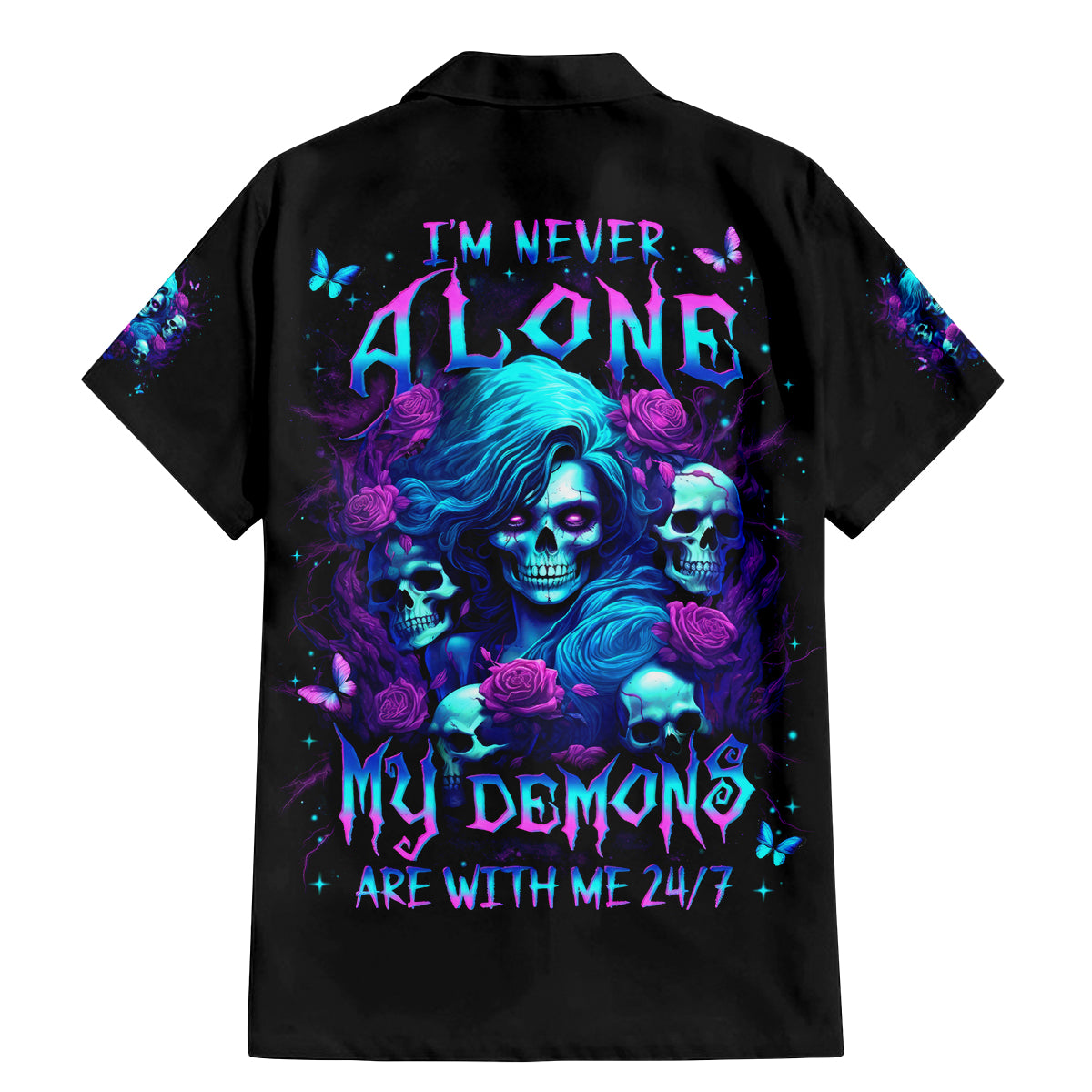 Rose Skull Family Matching Mermaid Dress and Hawaiian Shirt I'm Never Alone My Demon Are With Me 24/7 - Wonder Print Shop