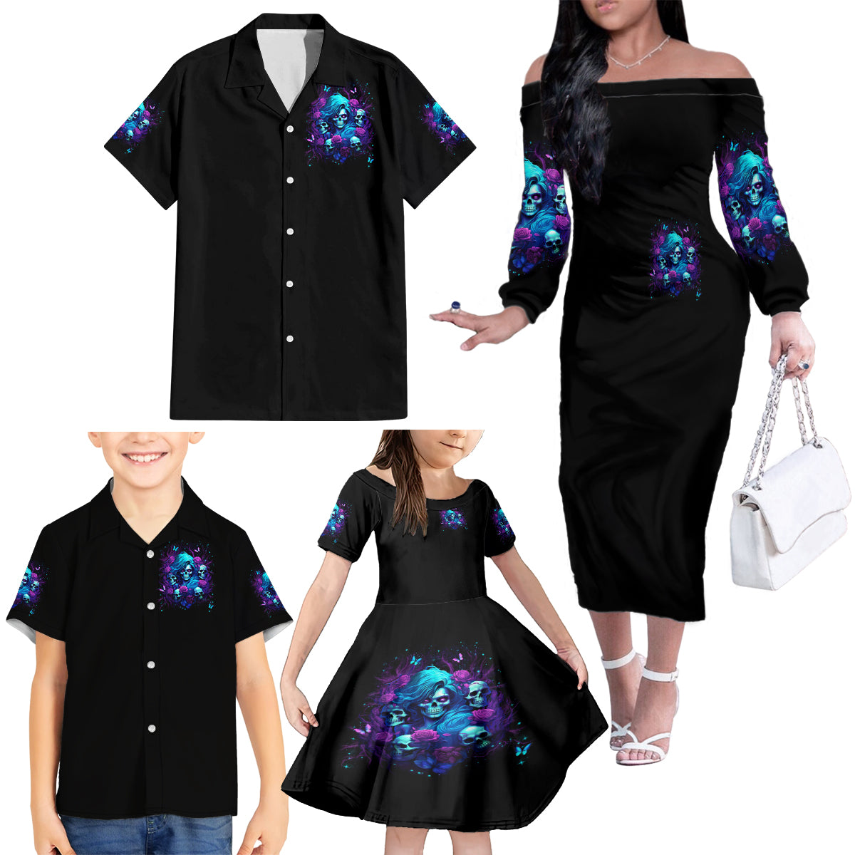 Rose Skull Family Matching Off Shoulder Long Sleeve Dress and Hawaiian Shirt I'm Never Alone My Demon Are With Me 24/7 - Wonder Print Shop
