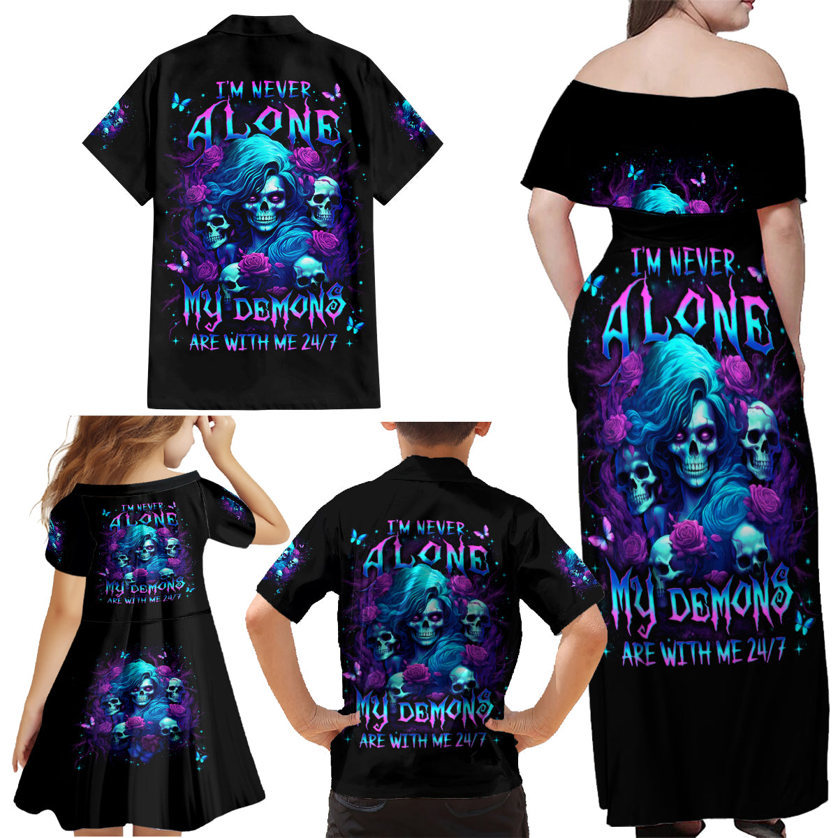 Rose Skull Family Matching Off Shoulder Maxi Dress and Hawaiian Shirt I'm Never Alone My Demon Are With Me 24/7 - Wonder Print Shop