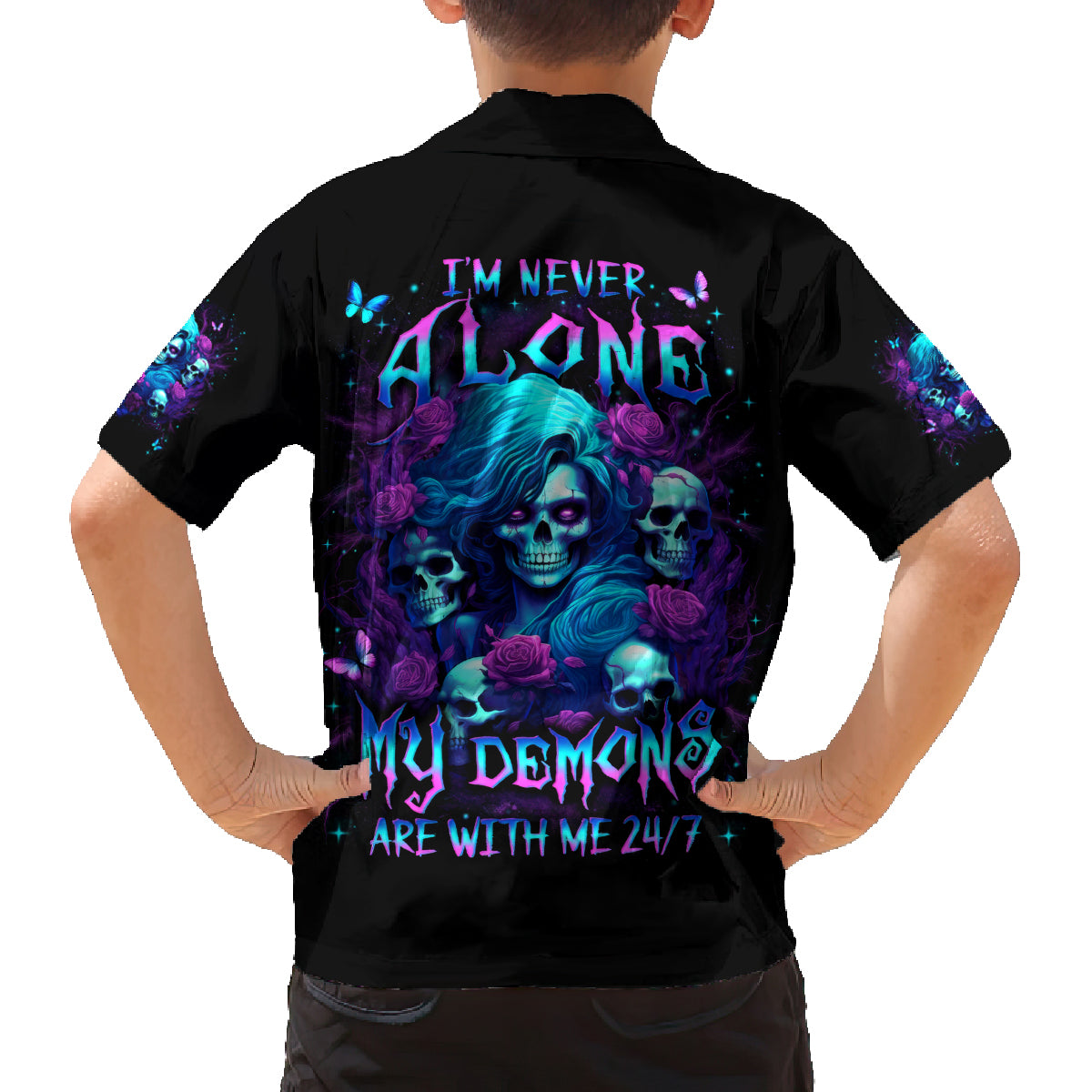 Rose Skull Family Matching Puletasi and Hawaiian Shirt I'm Never Alone My Demon Are With Me 24/7 - Wonder Print Shop