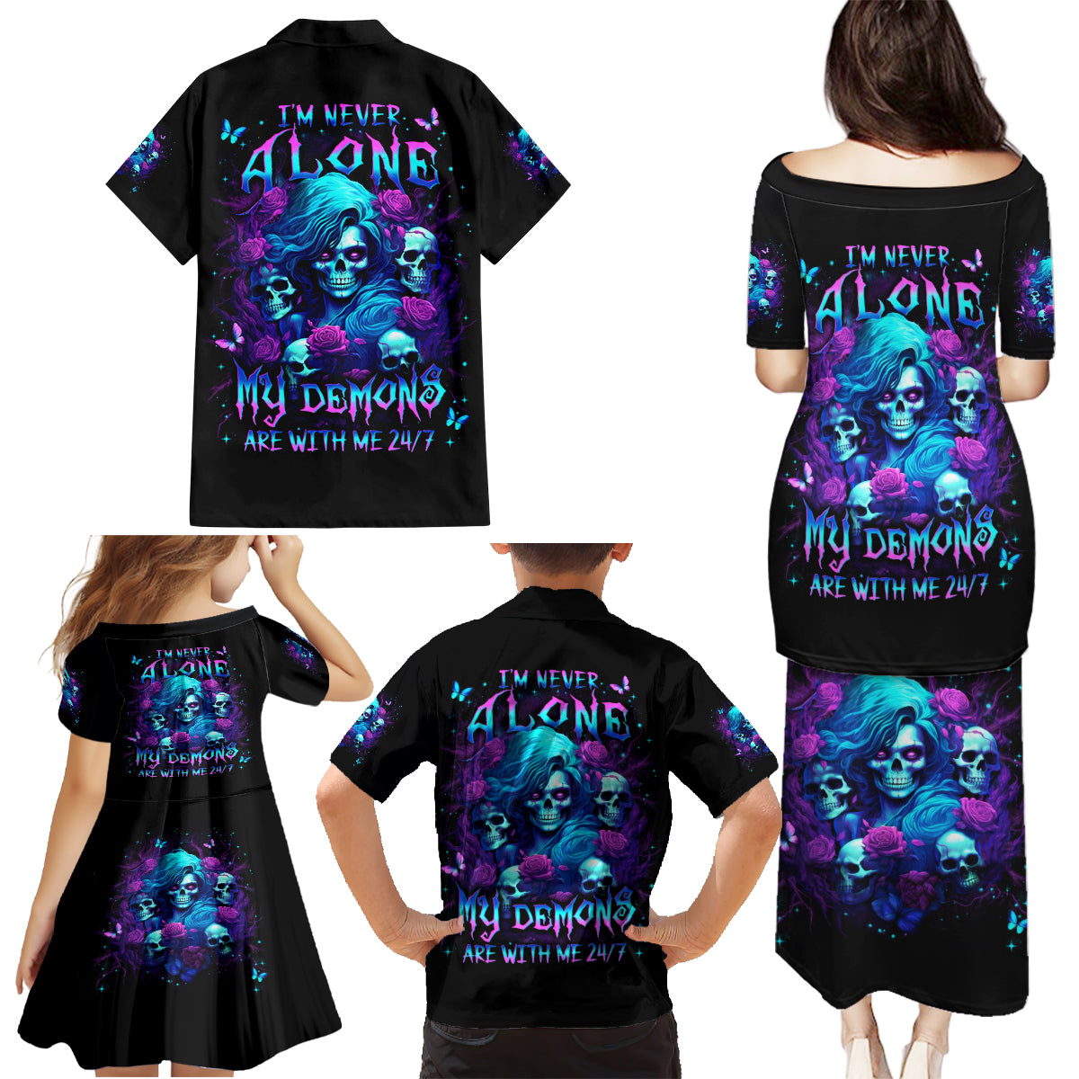 Rose Skull Family Matching Puletasi and Hawaiian Shirt I'm Never Alone My Demon Are With Me 24/7 - Wonder Print Shop