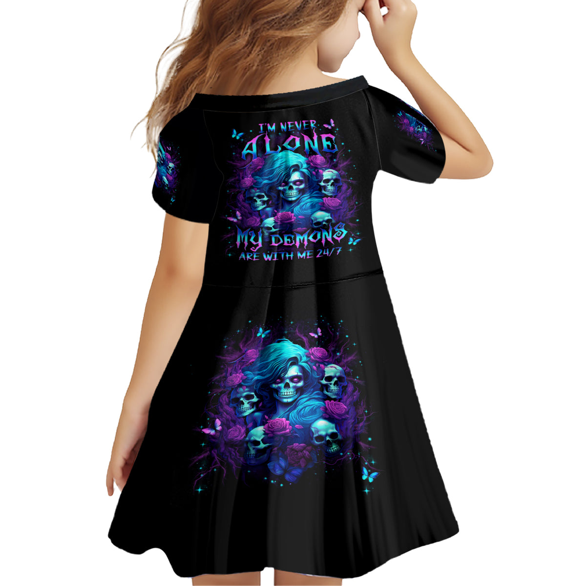 Rose Skull Family Matching Short Sleeve Bodycon Dress and Hawaiian Shirt I'm Never Alone My Demon Are With Me 24/7 - Wonder Print Shop