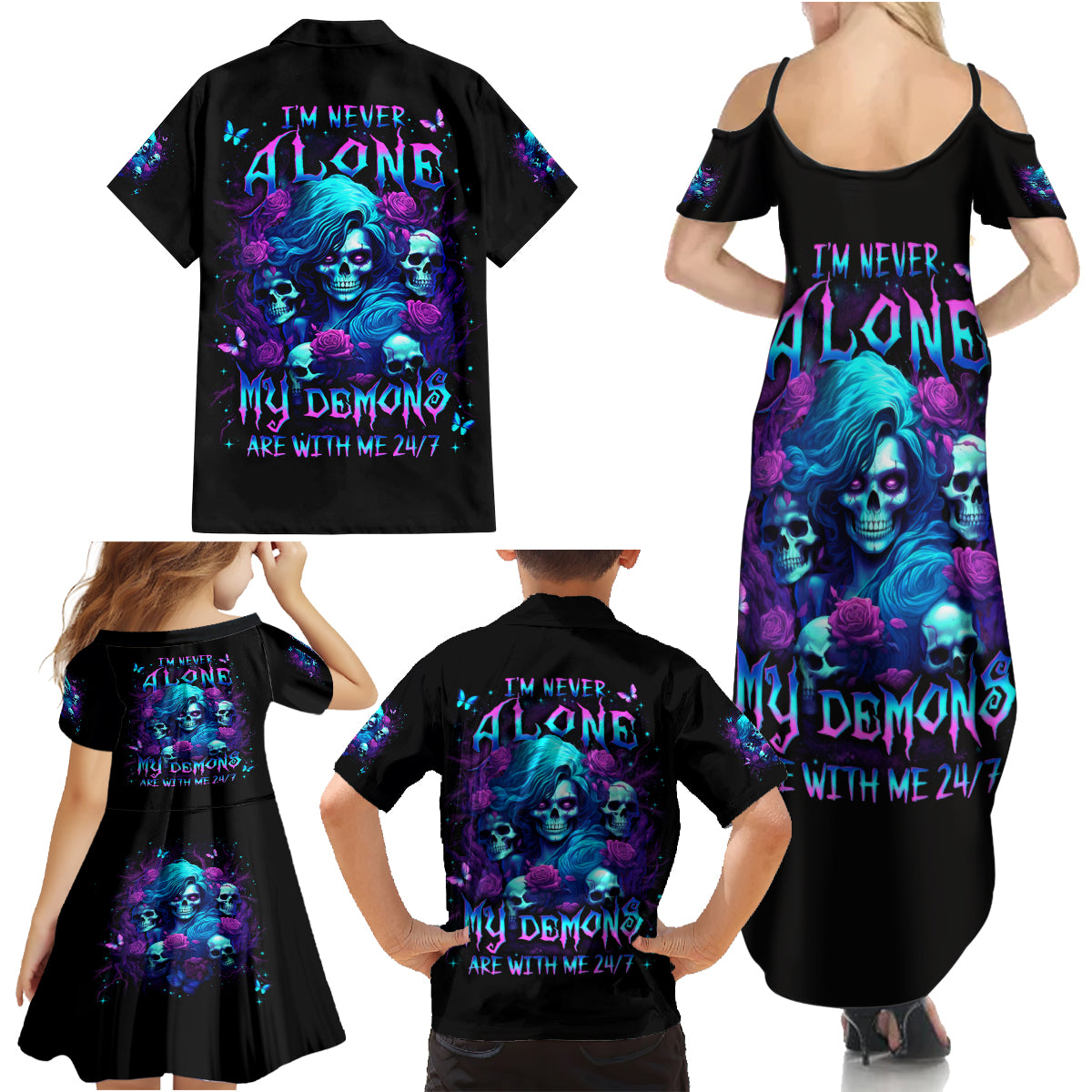 Rose Skull Family Matching Summer Maxi Dress and Hawaiian Shirt I'm Never Alone My Demon Are With Me 24/7 - Wonder Print Shop