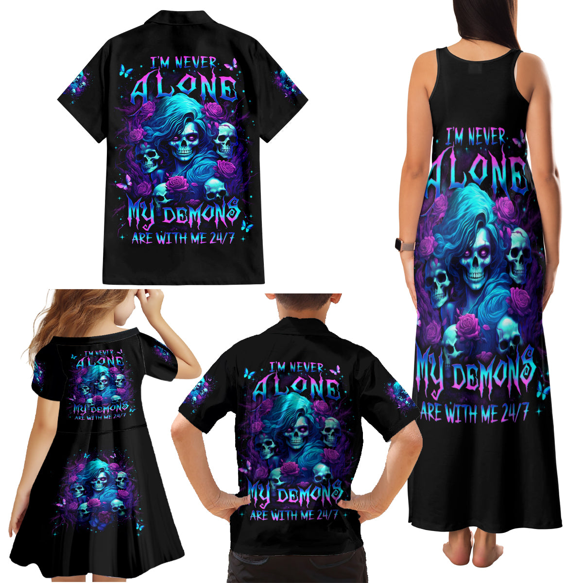 Rose Skull Family Matching Tank Maxi Dress and Hawaiian Shirt I'm Never Alone My Demon Are With Me 24/7 - Wonder Print Shop