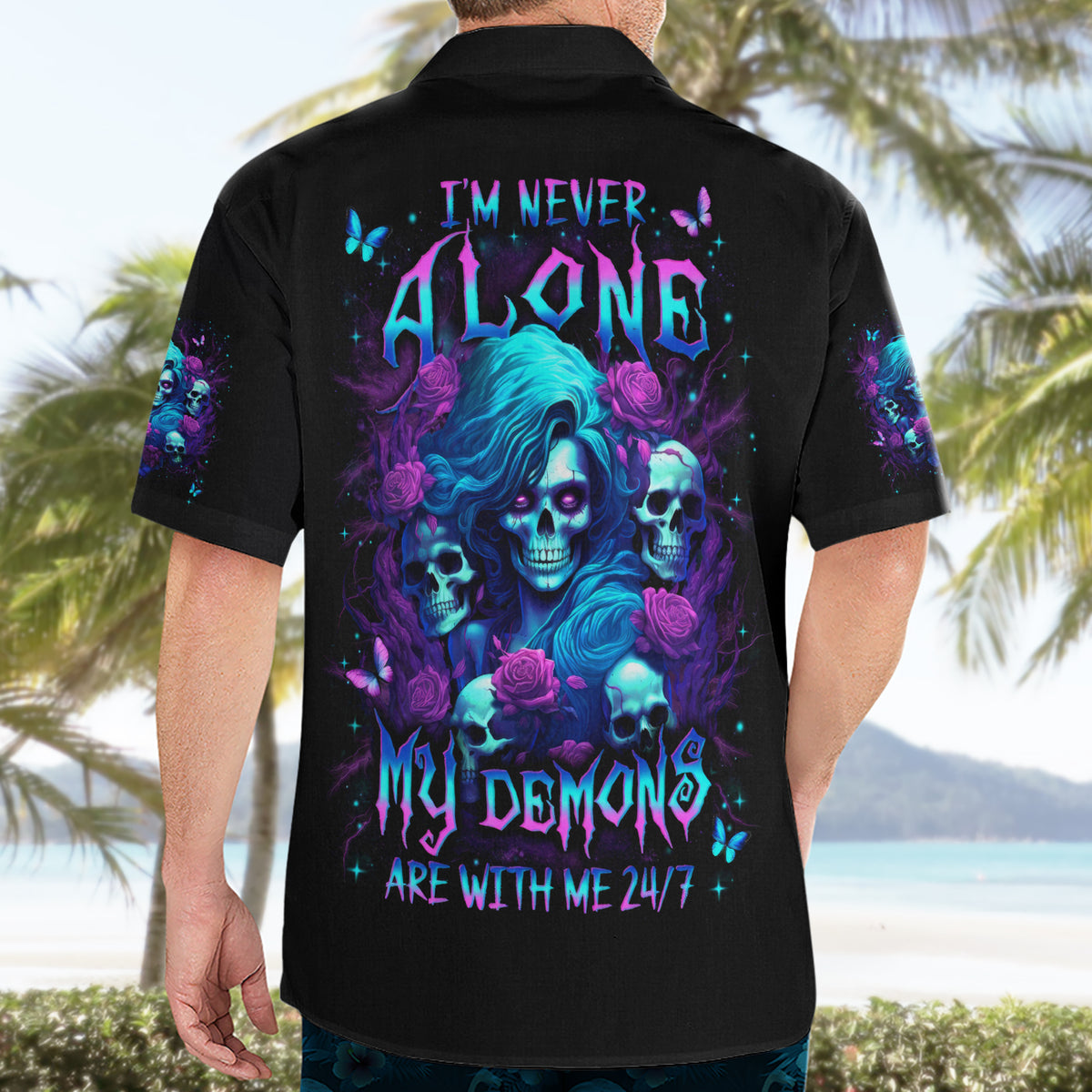 Rose Skull Hawaiian Shirt I'm Never Alone My Demon Are With Me 24/7 - Wonder Print Shop