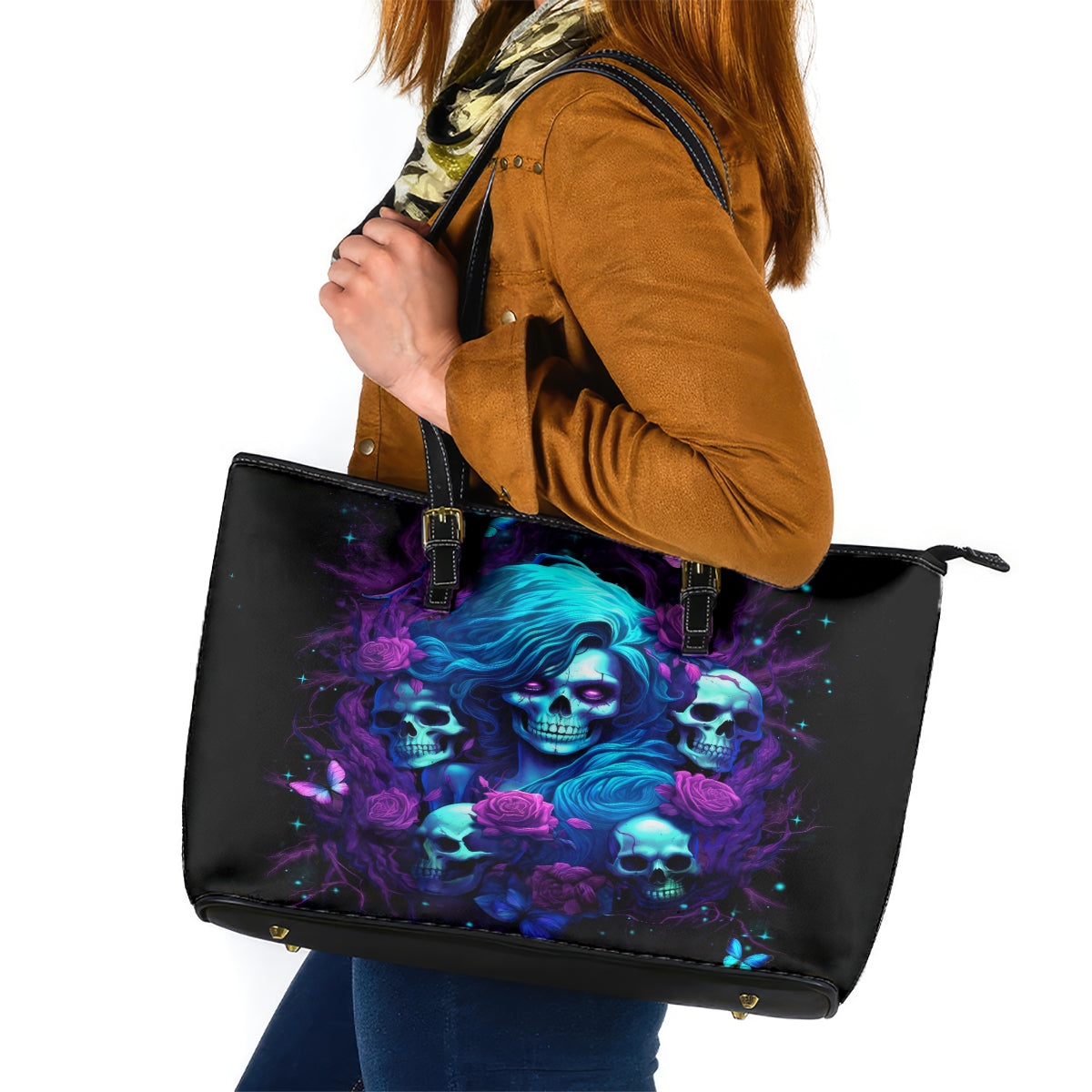 Rose Skull Leather Tote Bag I'm Never Alone My Demon Are With Me 24/7 - Wonder Print Shop