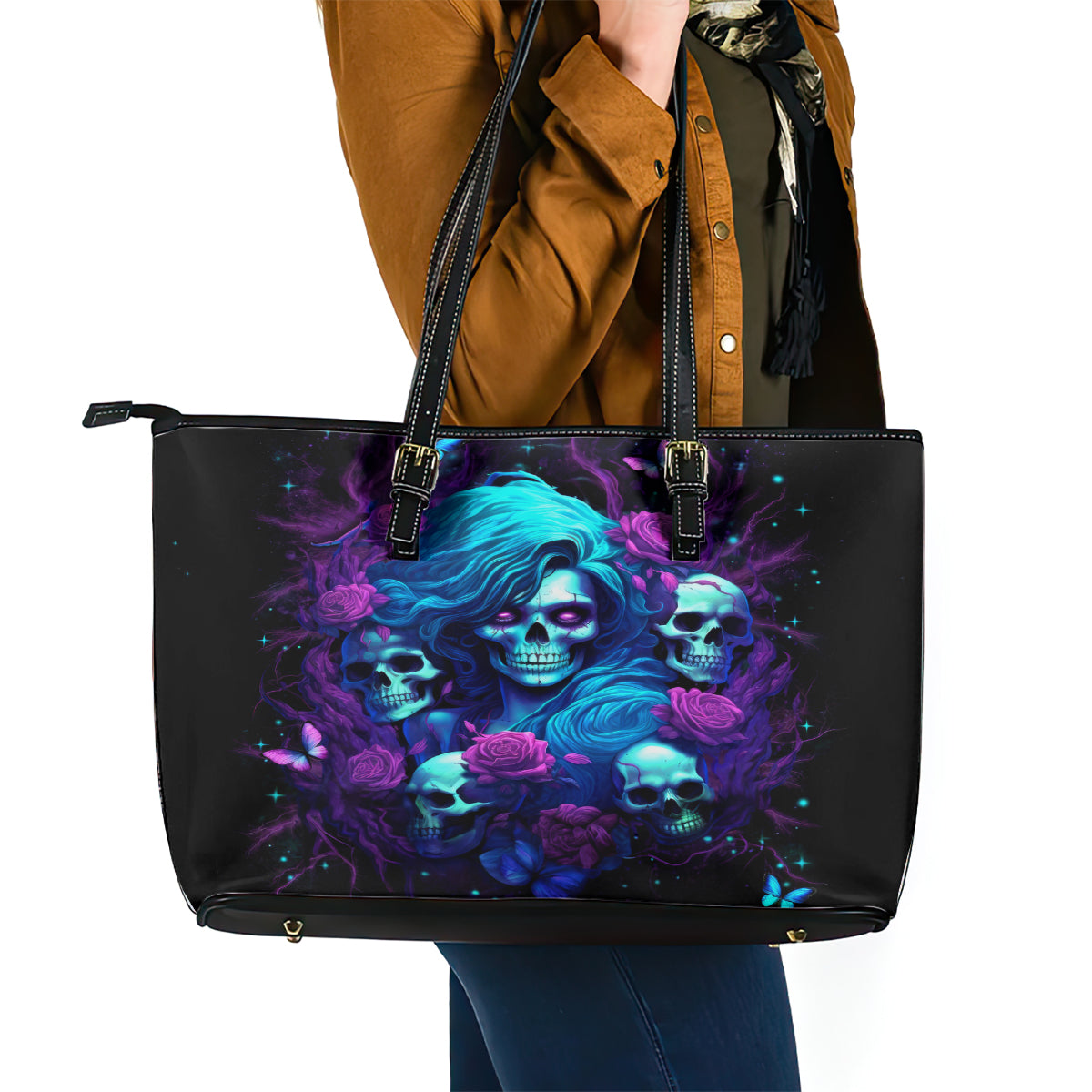 Rose Skull Leather Tote Bag I'm Never Alone My Demon Are With Me 24/7 - Wonder Print Shop