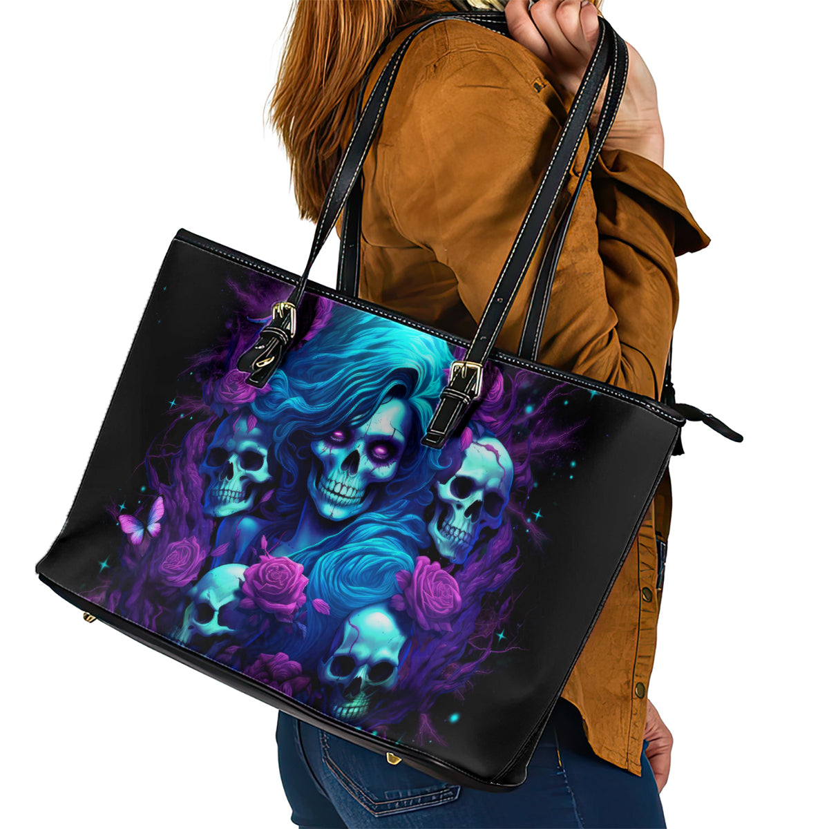 Rose Skull Leather Tote Bag I'm Never Alone My Demon Are With Me 24/7 - Wonder Print Shop