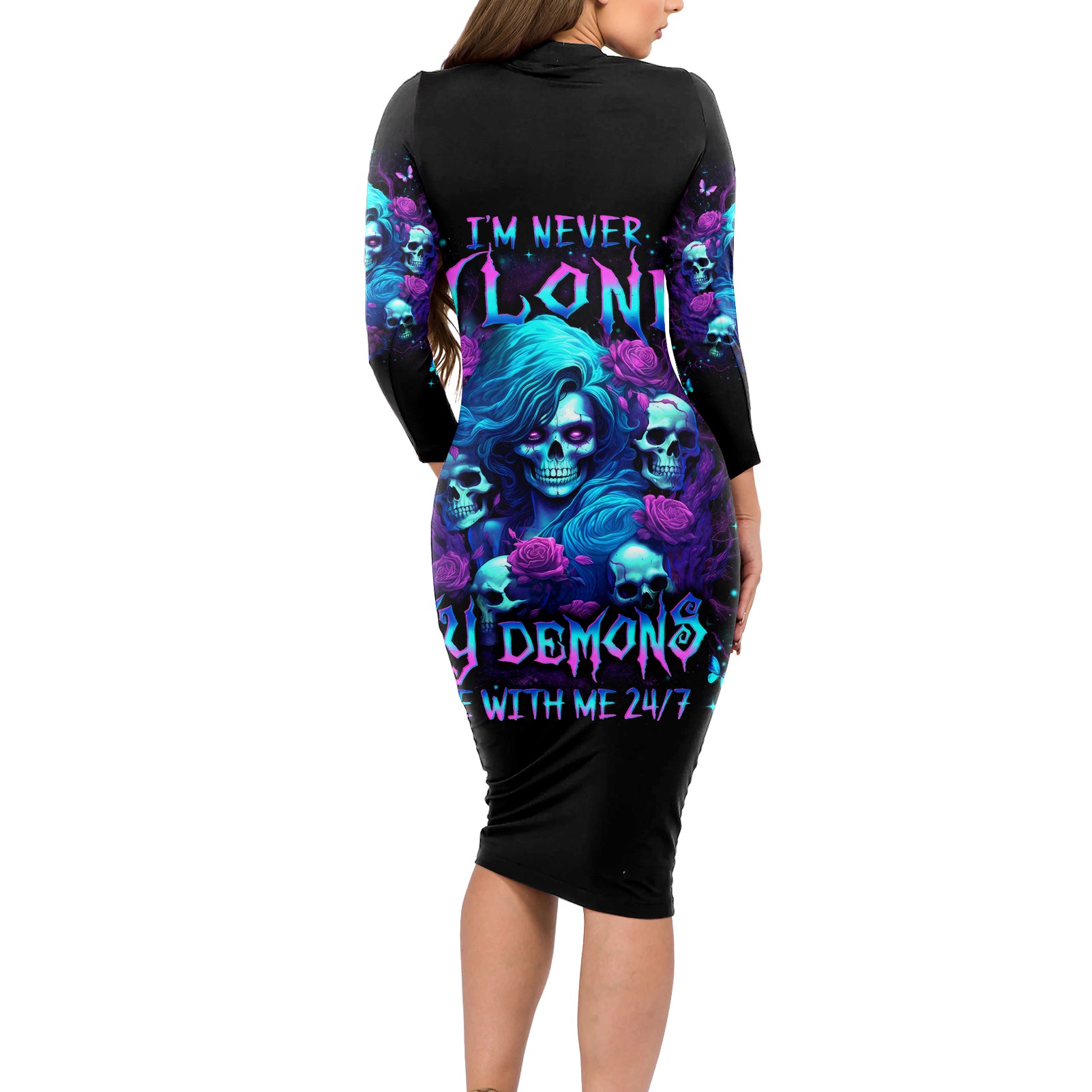 Rose Skull Long Sleeve Bodycon Dress I'm Never Alone My Demon Are With Me 24/7 - Wonder Print Shop