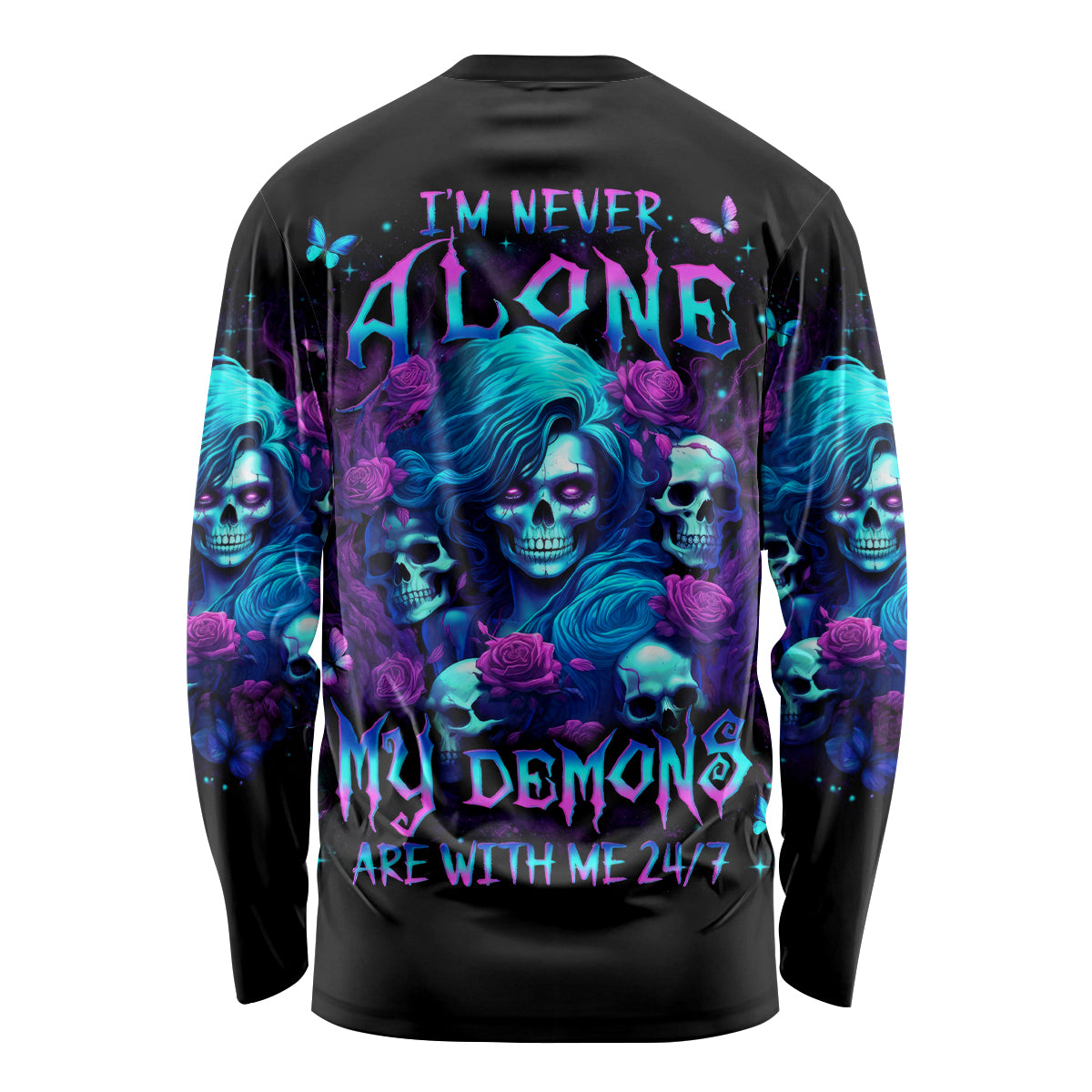 Rose Skull Long Sleeve Shirt I'm Never Alone My Demon Are With Me 24/7 - Wonder Print Shop