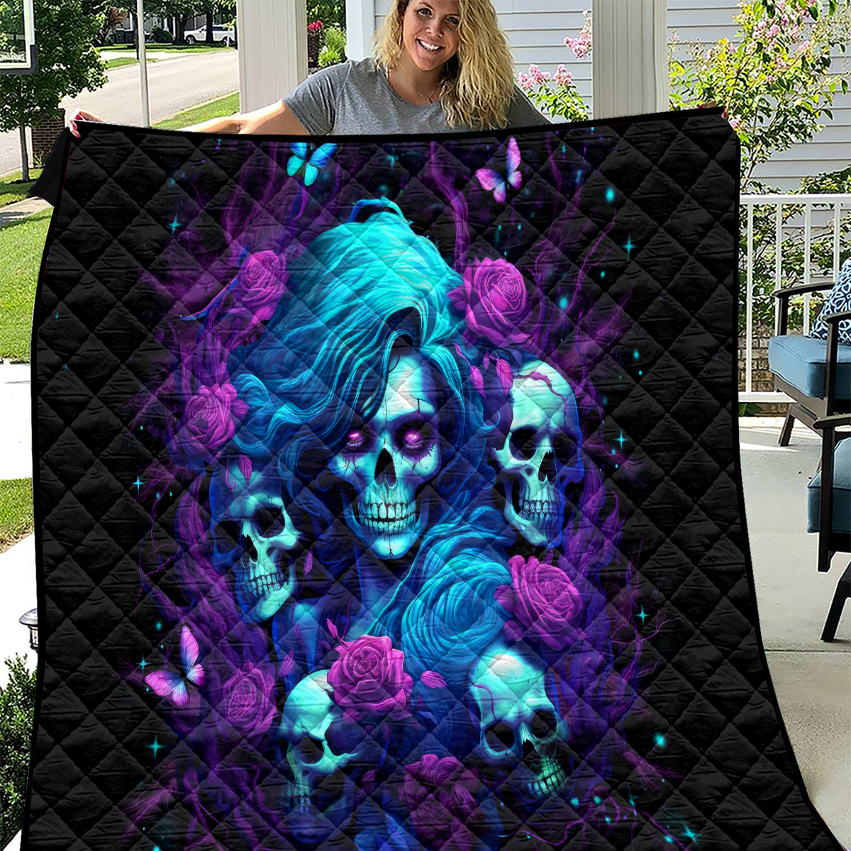 Rose Skull Quilt I'm Never Alone My Demon Are With Me 24/7 - Wonder Print Shop