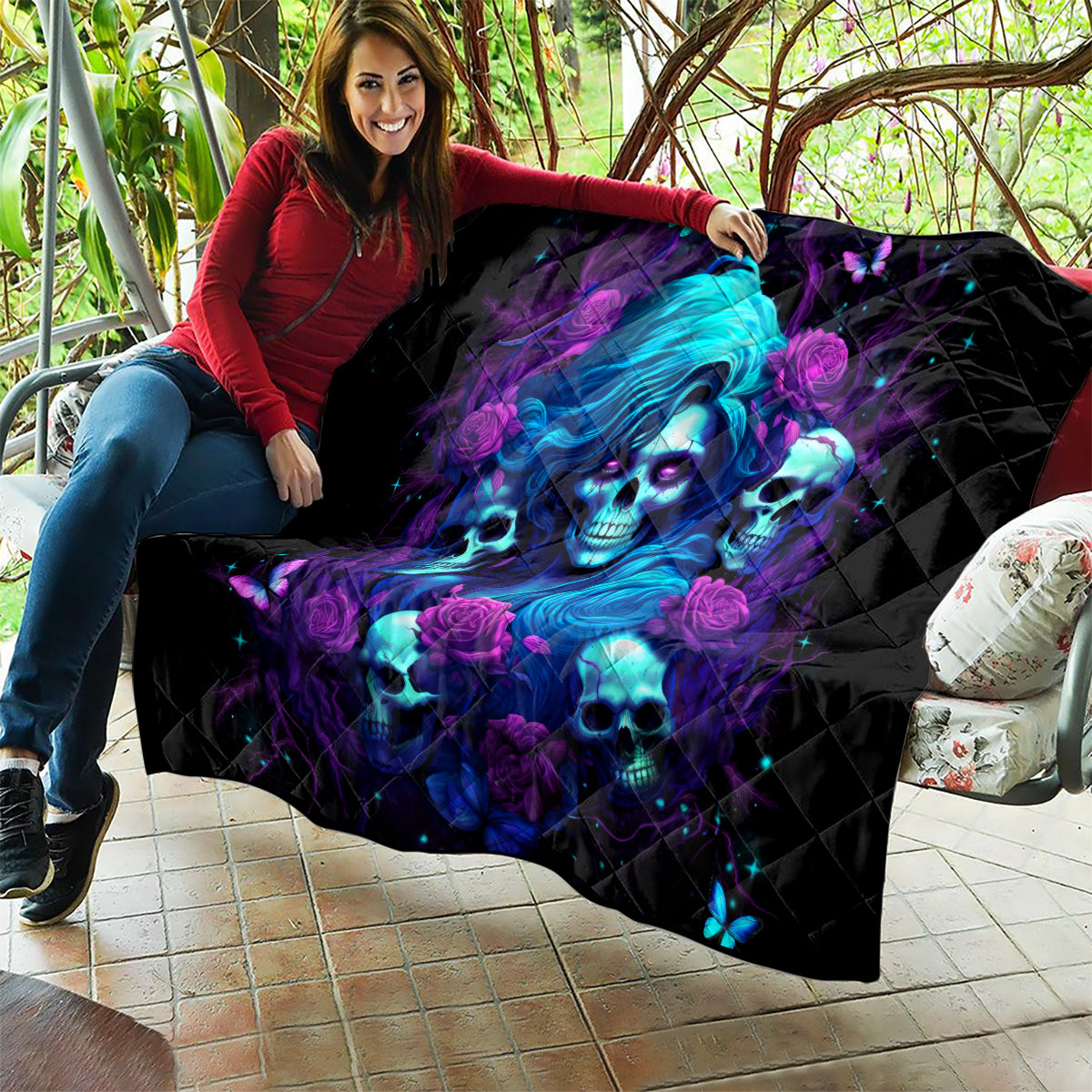 Rose Skull Quilt I'm Never Alone My Demon Are With Me 24/7 - Wonder Print Shop