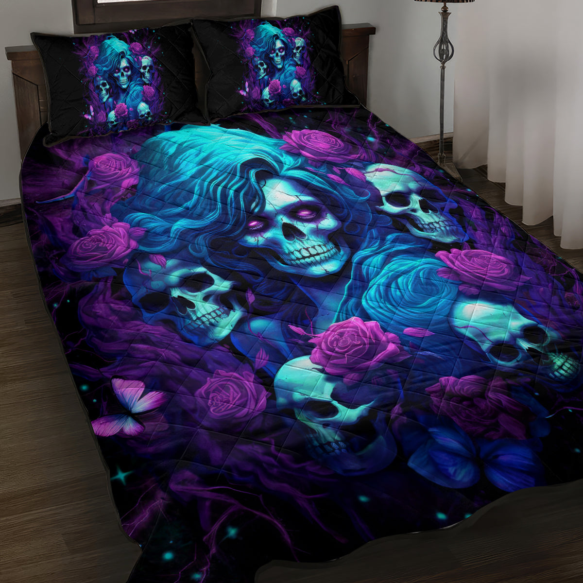 Rose Skull Quilt Bed Set I'm Never Alone My Demon Are With Me 24/7 - Wonder Print Shop