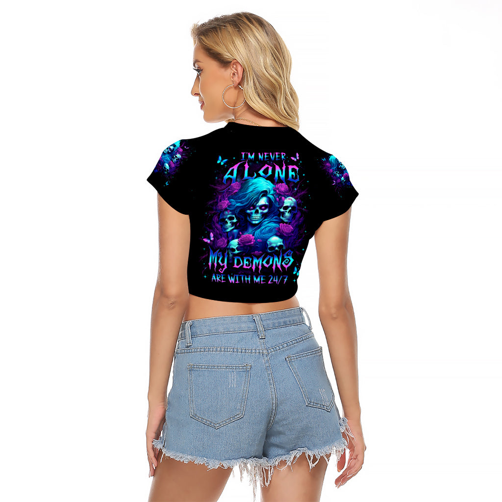 Rose Skull Raglan Cropped T Shirt I'm Never Alone My Demon Are With Me 24/7 - Wonder Print Shop