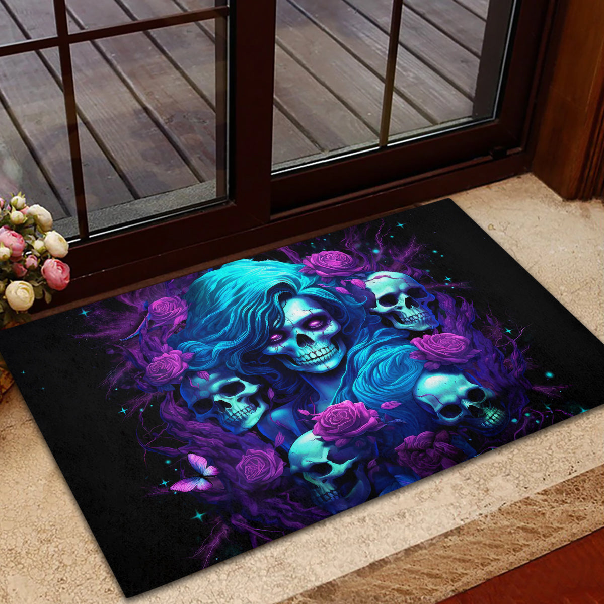 Rose Skull Rubber Doormat I'm Never Alone My Demon Are With Me 24/7 - Wonder Print Shop