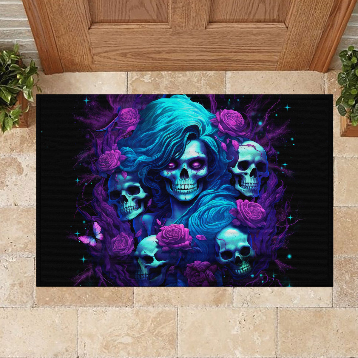 Rose Skull Rubber Doormat I'm Never Alone My Demon Are With Me 24/7 - Wonder Print Shop