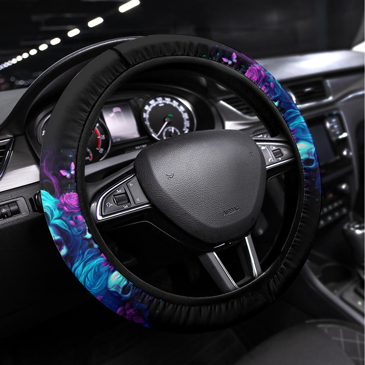 Rose Skull Steering Wheel Cover I'm Never Alone My Demon Are With Me 24/7 - Wonder Print Shop