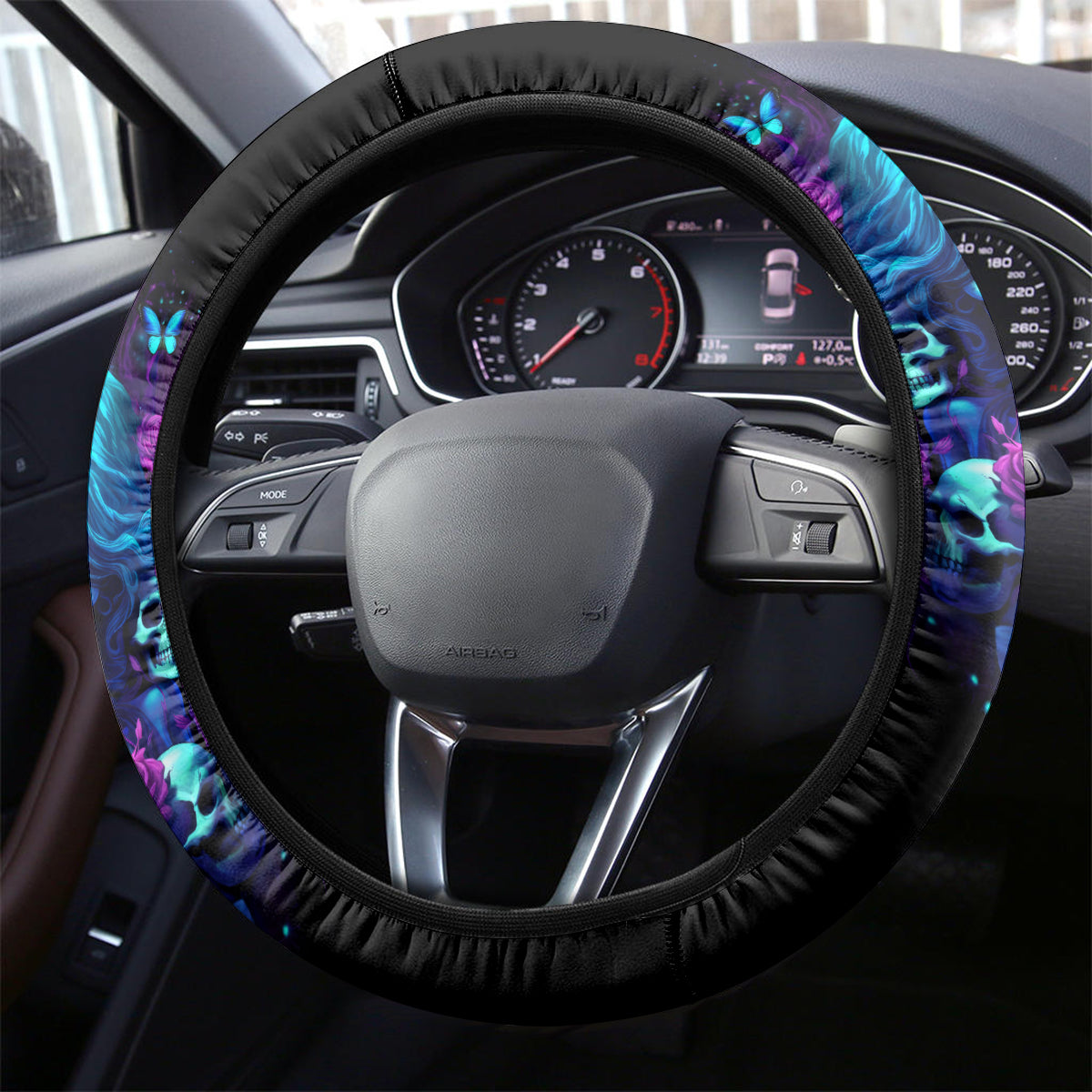 Rose Skull Steering Wheel Cover I'm Never Alone My Demon Are With Me 24/7 - Wonder Print Shop