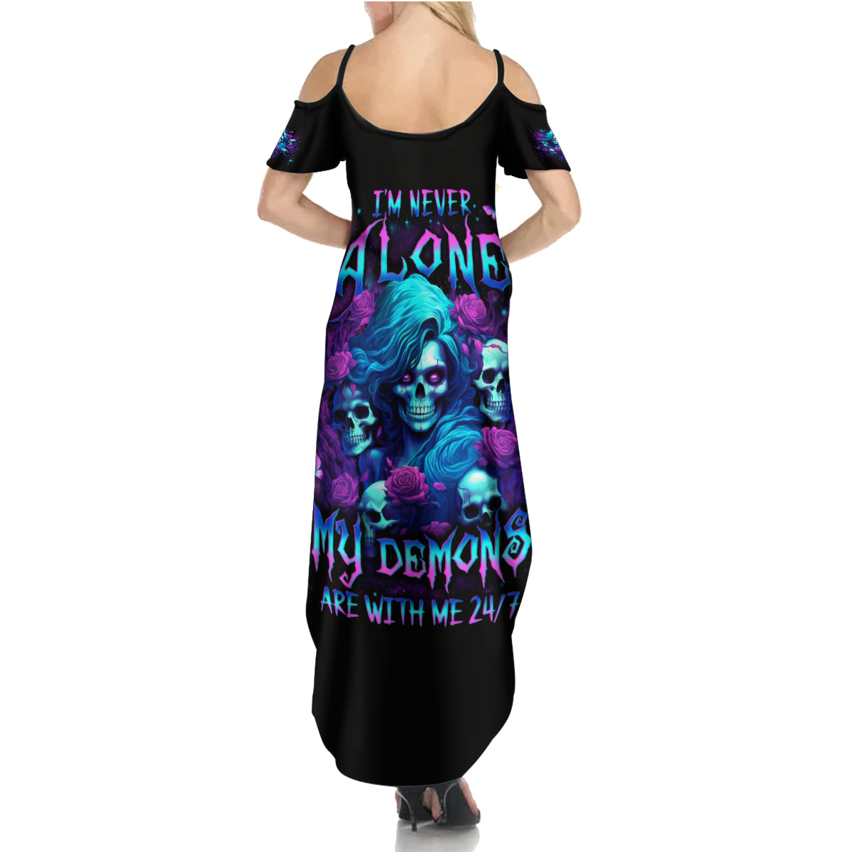 Rose Skull Summer Maxi Dress I'm Never Alone My Demon Are With Me 24/7 - Wonder Print Shop