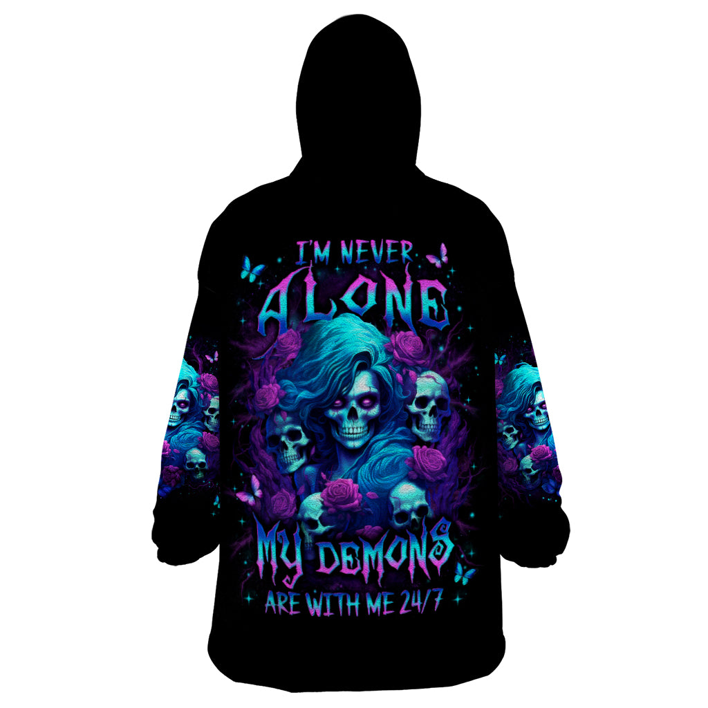 Rose Skull Wearable Blanket Hoodie I'm Never Alone My Demon Are With Me 24/7 - Wonder Print Shop