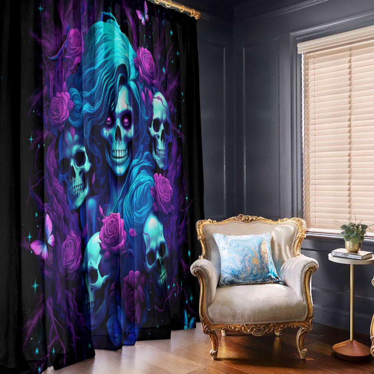 Rose Skull Window Curtain I'm Never Alone My Demon Are With Me 24/7 - Wonder Print Shop