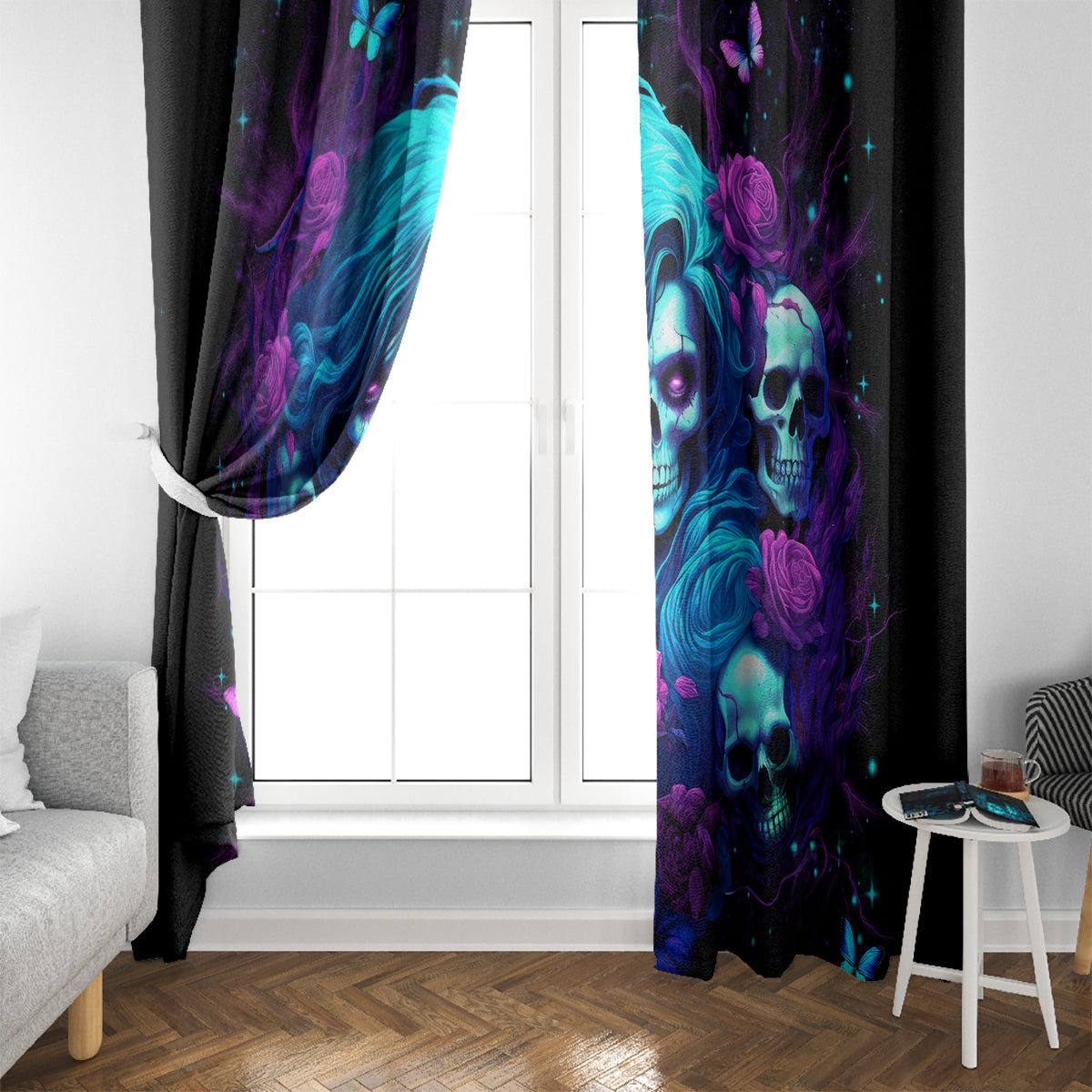 Rose Skull Window Curtain I'm Never Alone My Demon Are With Me 24/7 - Wonder Print Shop