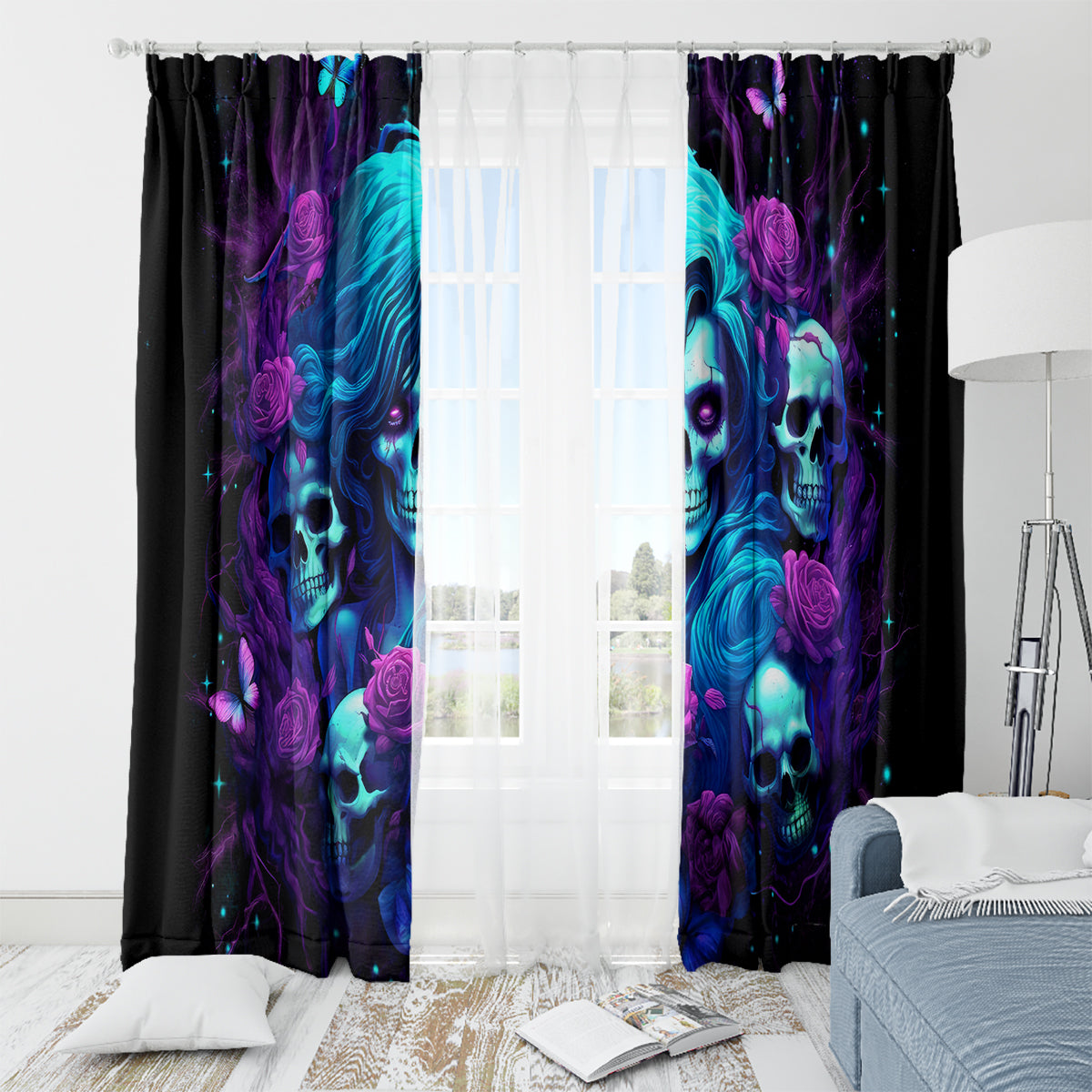 Rose Skull Window Curtain I'm Never Alone My Demon Are With Me 24/7 - Wonder Print Shop
