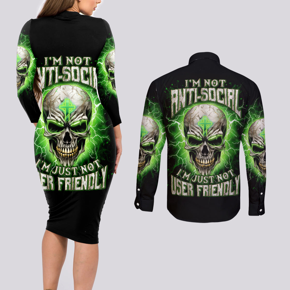 Thunder Skull Couples Matching Long Sleeve Bodycon Dress and Long Sleeve Button Shirt I'm Not Anti-Social I Must Not User Friendly - Wonder Print Shop