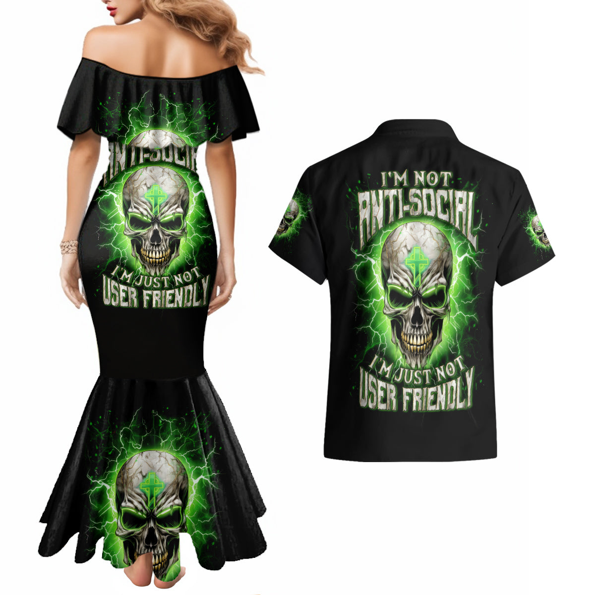 Thunder Skull Couples Matching Mermaid Dress and Hawaiian Shirt I'm Not Anti-Social I Must Not User Friendly - Wonder Print Shop