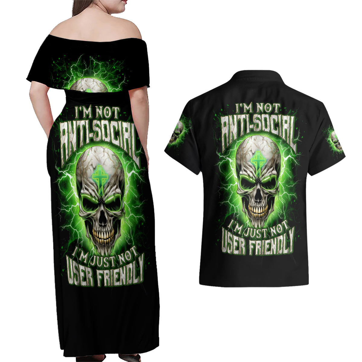 Thunder Skull Couples Matching Off Shoulder Maxi Dress and Hawaiian Shirt I'm Not Anti-Social I Must Not User Friendly - Wonder Print Shop