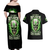 Thunder Skull Couples Matching Off Shoulder Maxi Dress and Hawaiian Shirt I'm Not Anti-Social I Must Not User Friendly - Wonder Print Shop