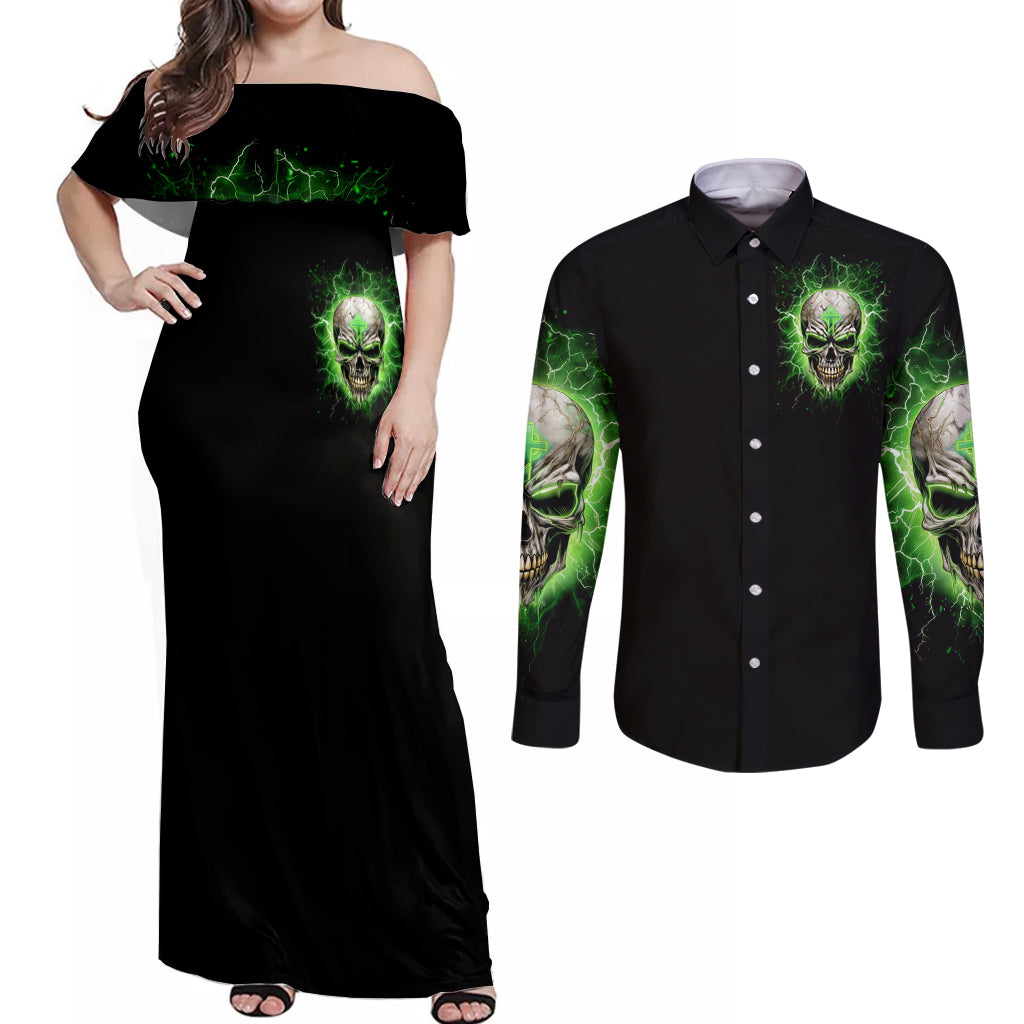 Thunder Skull Couples Matching Off Shoulder Maxi Dress and Long Sleeve Button Shirt I'm Not Anti-Social I Must Not User Friendly - Wonder Print Shop