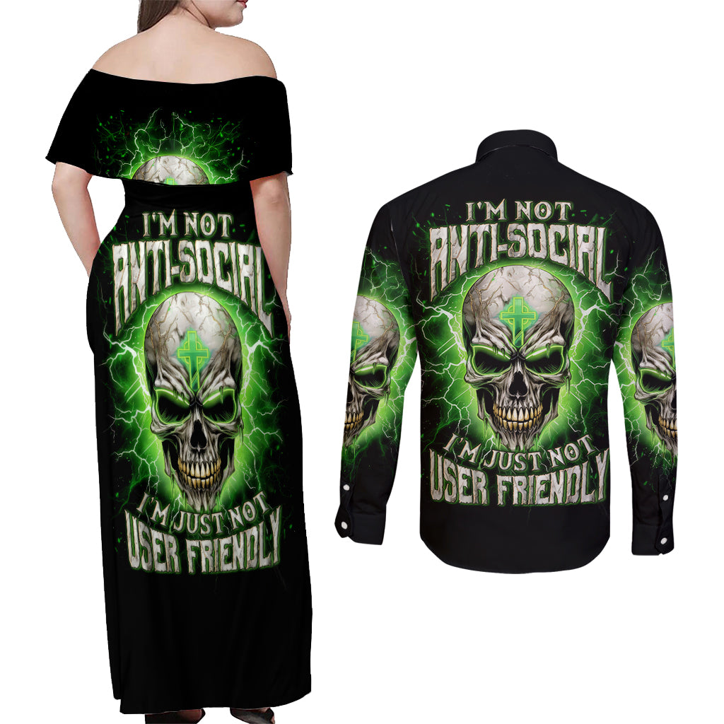 Thunder Skull Couples Matching Off Shoulder Maxi Dress and Long Sleeve Button Shirt I'm Not Anti-Social I Must Not User Friendly - Wonder Print Shop