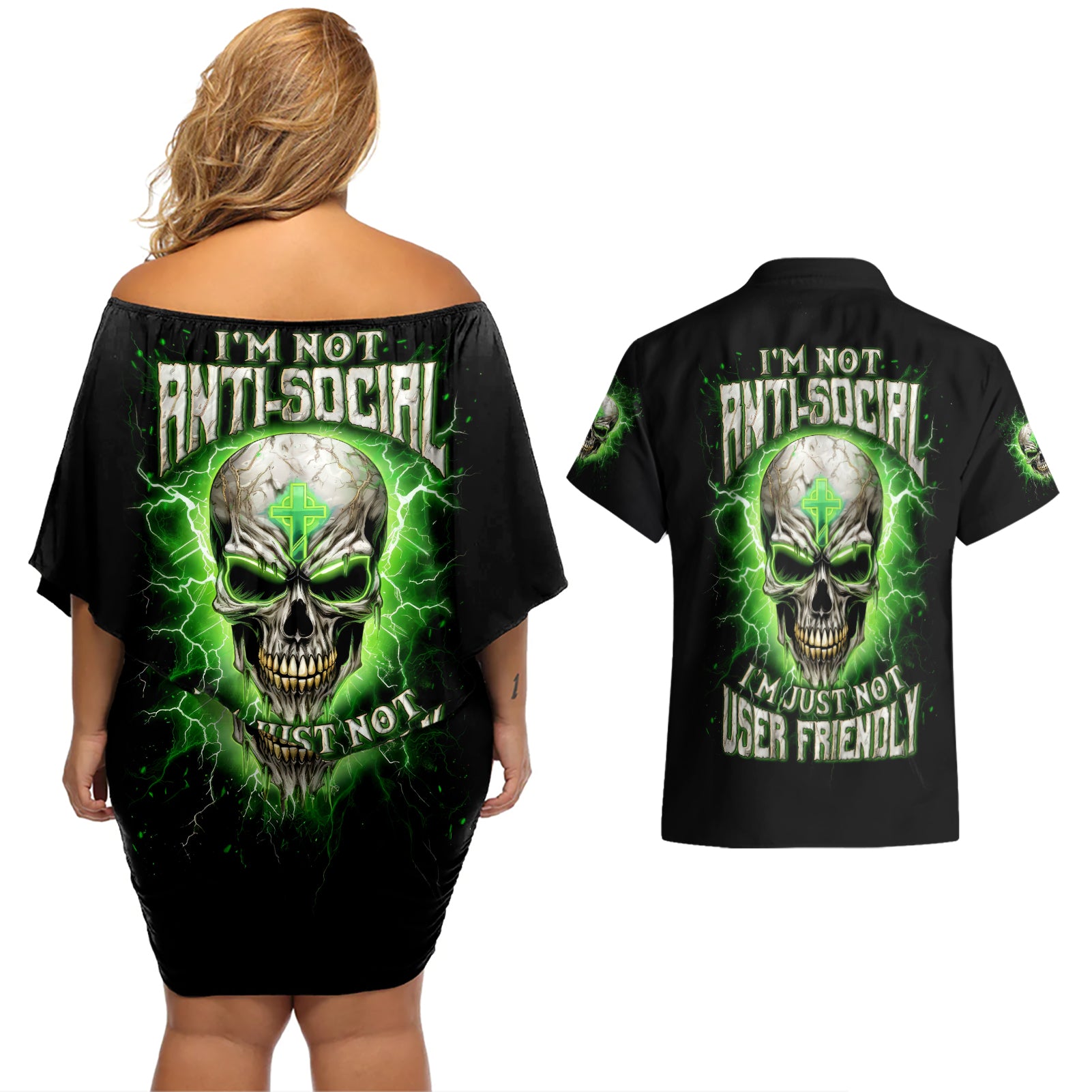 Thunder Skull Couples Matching Off Shoulder Short Dress and Hawaiian Shirt I'm Not Anti-Social I Must Not User Friendly - Wonder Print Shop