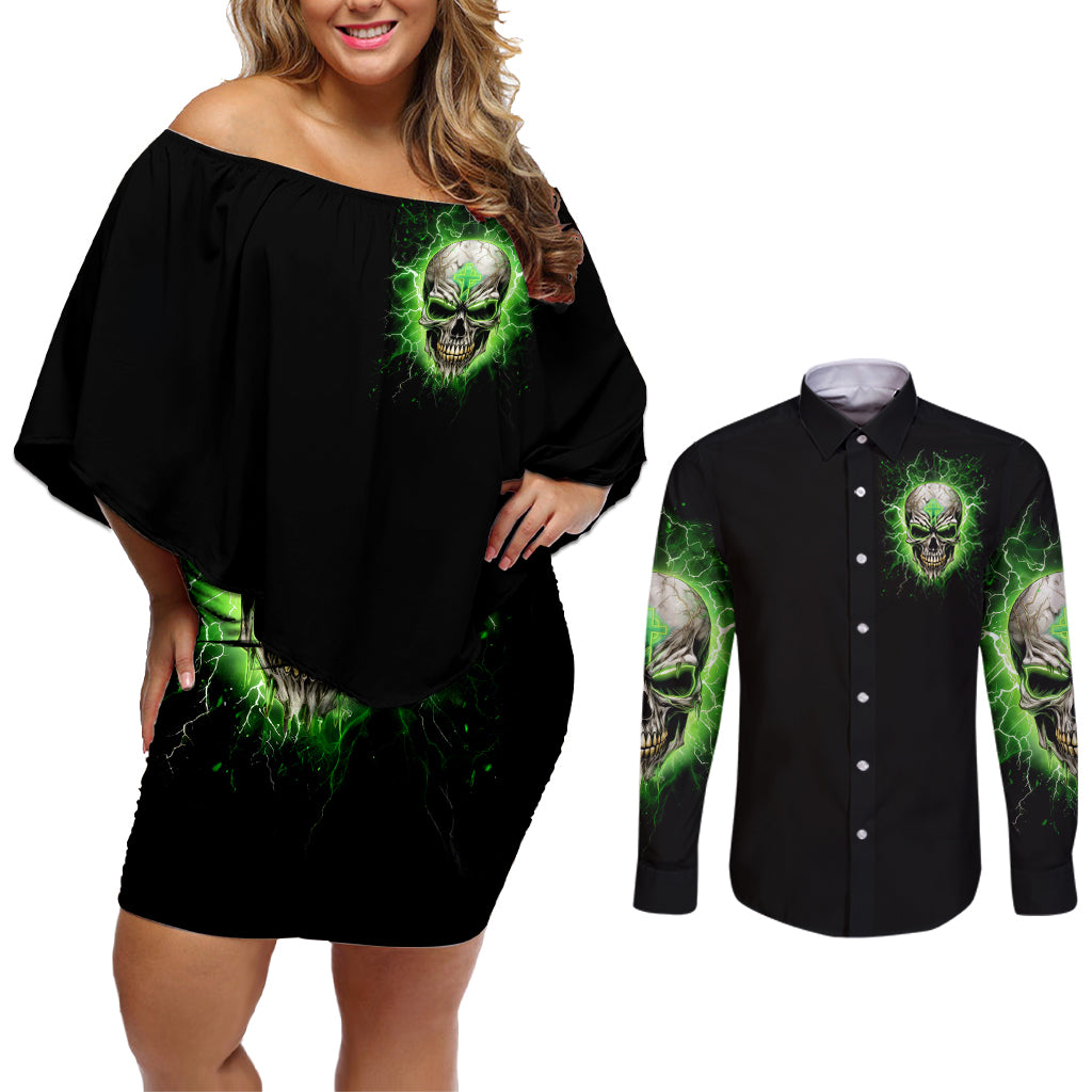 Thunder Skull Couples Matching Off Shoulder Short Dress and Long Sleeve Button Shirt I'm Not Anti-Social I Must Not User Friendly - Wonder Print Shop