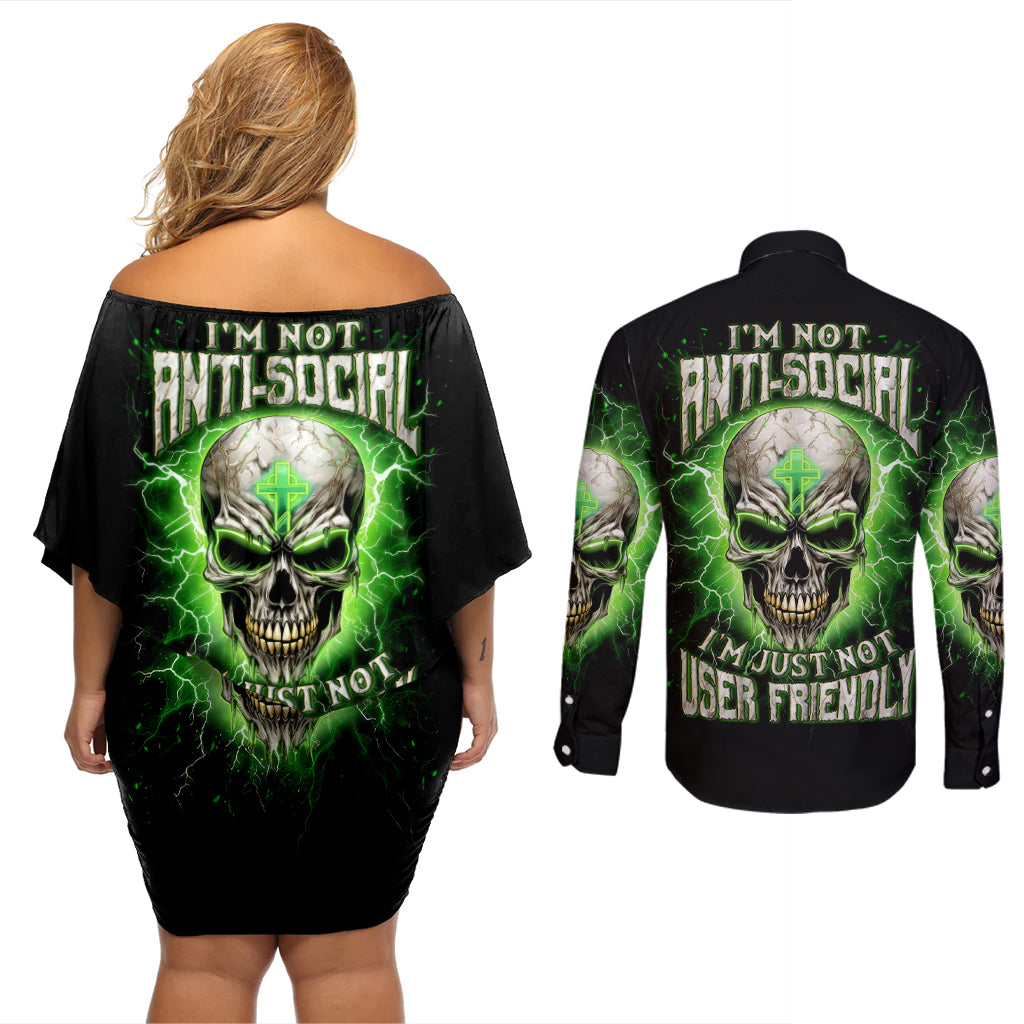 Thunder Skull Couples Matching Off Shoulder Short Dress and Long Sleeve Button Shirt I'm Not Anti-Social I Must Not User Friendly - Wonder Print Shop