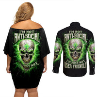 Thunder Skull Couples Matching Off Shoulder Short Dress and Long Sleeve Button Shirt I'm Not Anti-Social I Must Not User Friendly - Wonder Print Shop