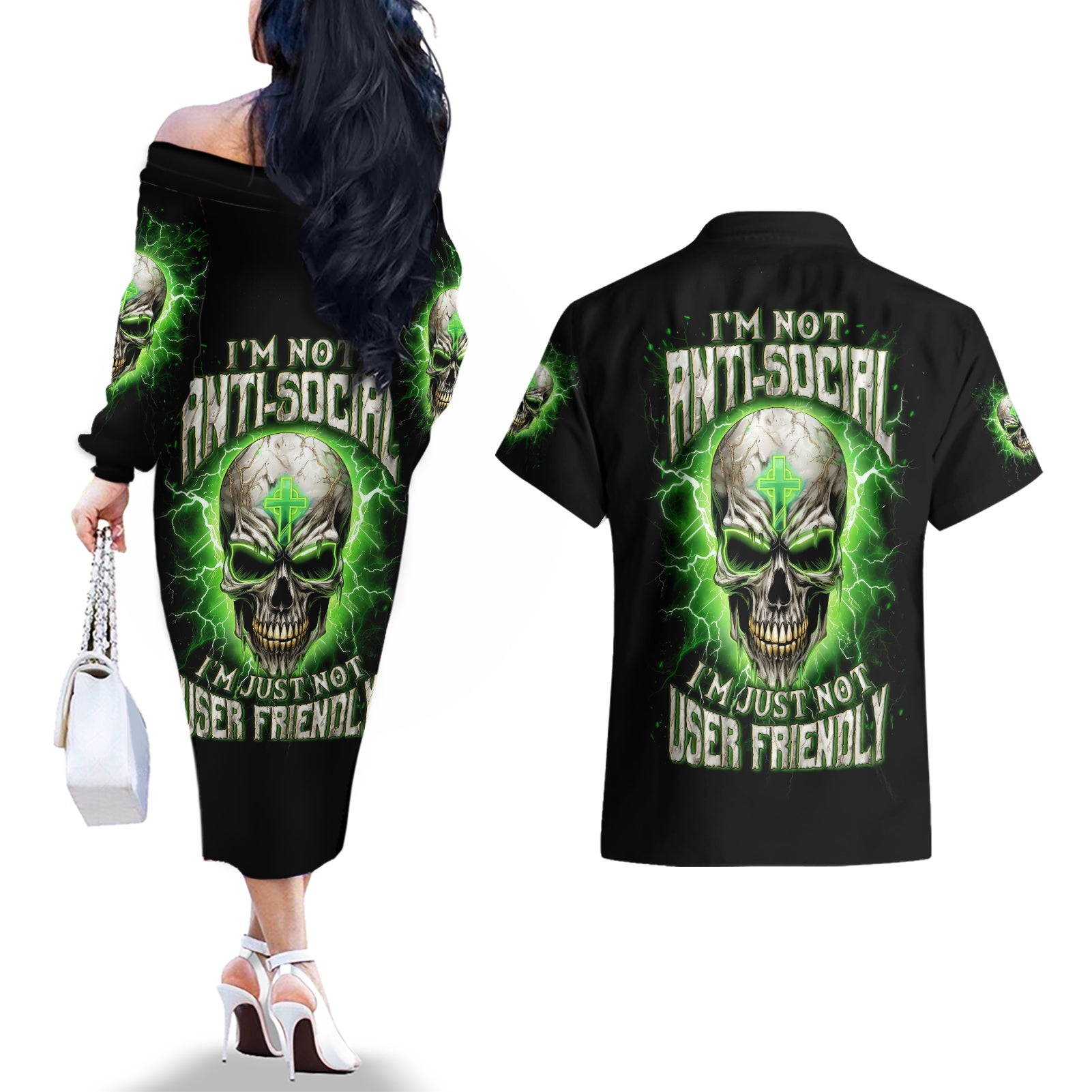 Thunder Skull Couples Matching Off The Shoulder Long Sleeve Dress and Hawaiian Shirt I'm Not Anti-Social I Must Not User Friendly - Wonder Print Shop