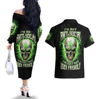 Thunder Skull Couples Matching Off The Shoulder Long Sleeve Dress and Hawaiian Shirt I'm Not Anti-Social I Must Not User Friendly - Wonder Print Shop