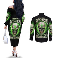 Thunder Skull Couples Matching Off The Shoulder Long Sleeve Dress and Long Sleeve Button Shirt I'm Not Anti-Social I Must Not User Friendly