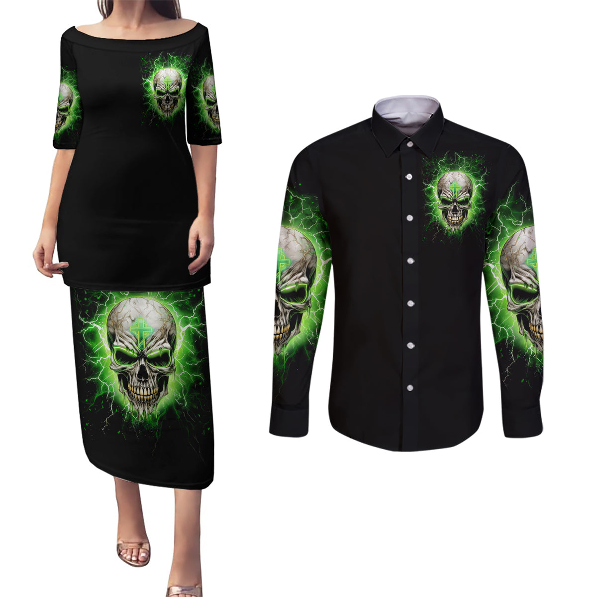 Thunder Skull Couples Matching Puletasi and Long Sleeve Button Shirt I'm Not Anti-Social I Must Not User Friendly - Wonder Print Shop