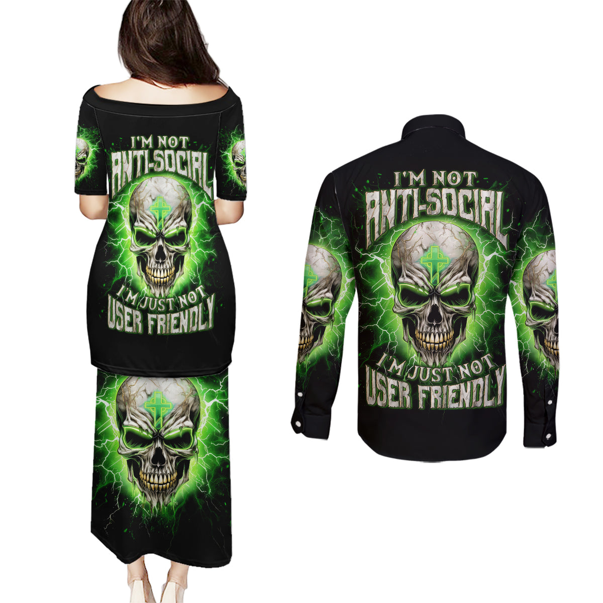 Thunder Skull Couples Matching Puletasi and Long Sleeve Button Shirt I'm Not Anti-Social I Must Not User Friendly - Wonder Print Shop