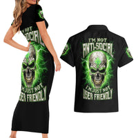 Thunder Skull Couples Matching Short Sleeve Bodycon Dress and Hawaiian Shirt I'm Not Anti-Social I Must Not User Friendly - Wonder Print Shop