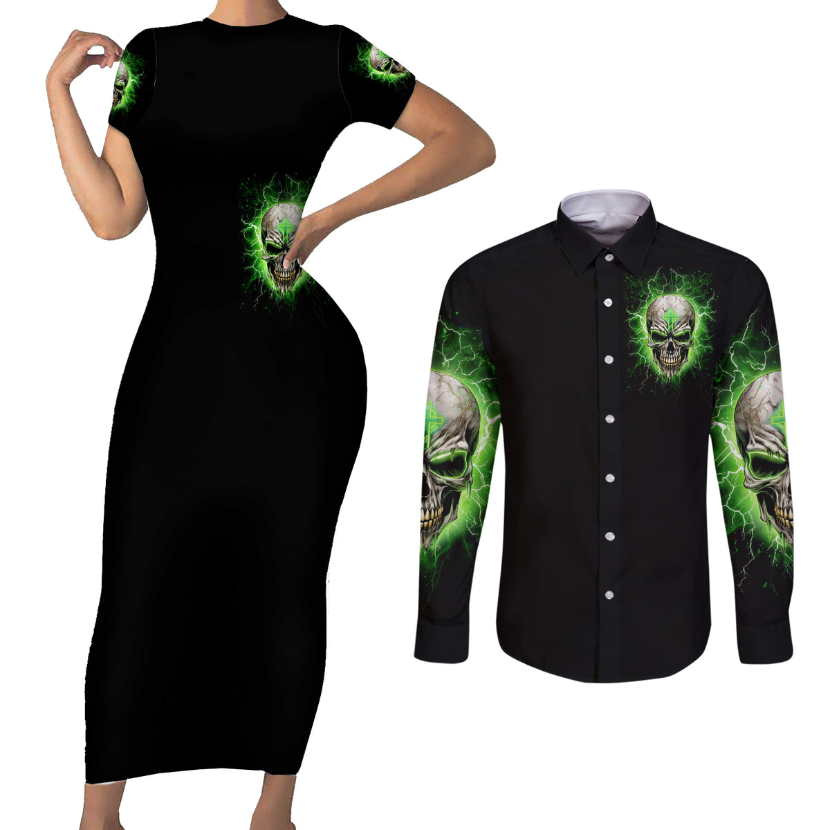 Thunder Skull Couples Matching Short Sleeve Bodycon Dress and Long Sleeve Button Shirt I'm Not Anti-Social I Must Not User Friendly - Wonder Print Shop