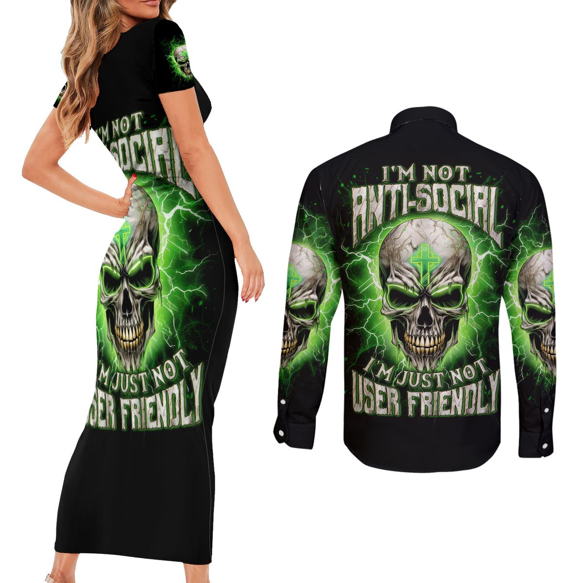 Thunder Skull Couples Matching Short Sleeve Bodycon Dress and Long Sleeve Button Shirt I'm Not Anti-Social I Must Not User Friendly - Wonder Print Shop