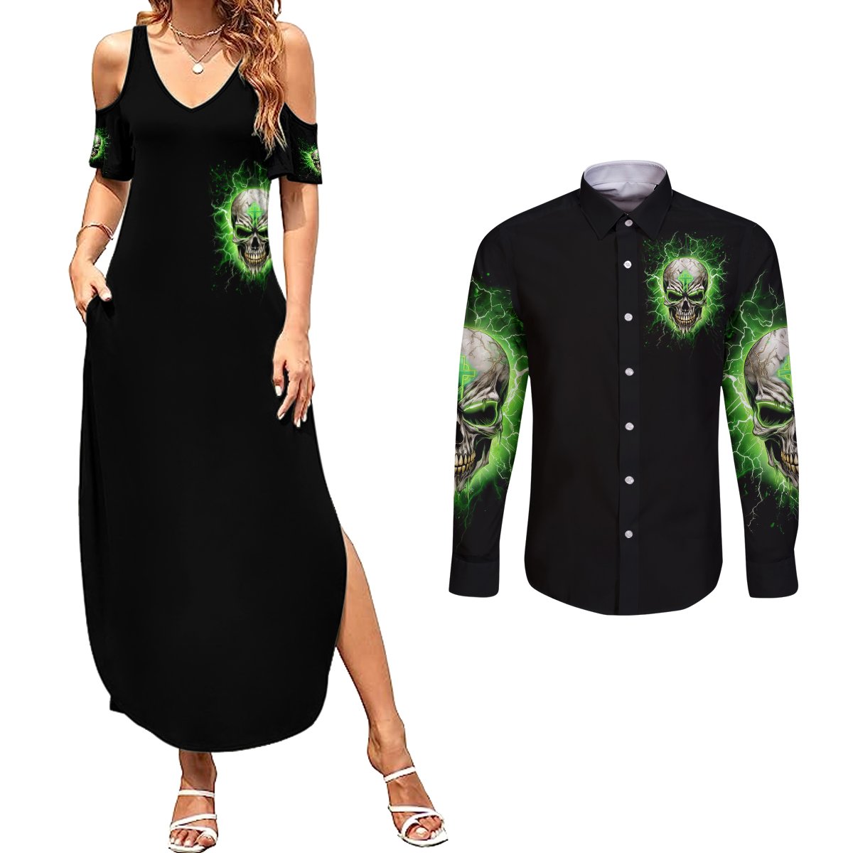 Thunder Skull Couples Matching Summer Maxi Dress and Long Sleeve Button Shirt I'm Not Anti-Social I Must Not User Friendly - Wonder Print Shop