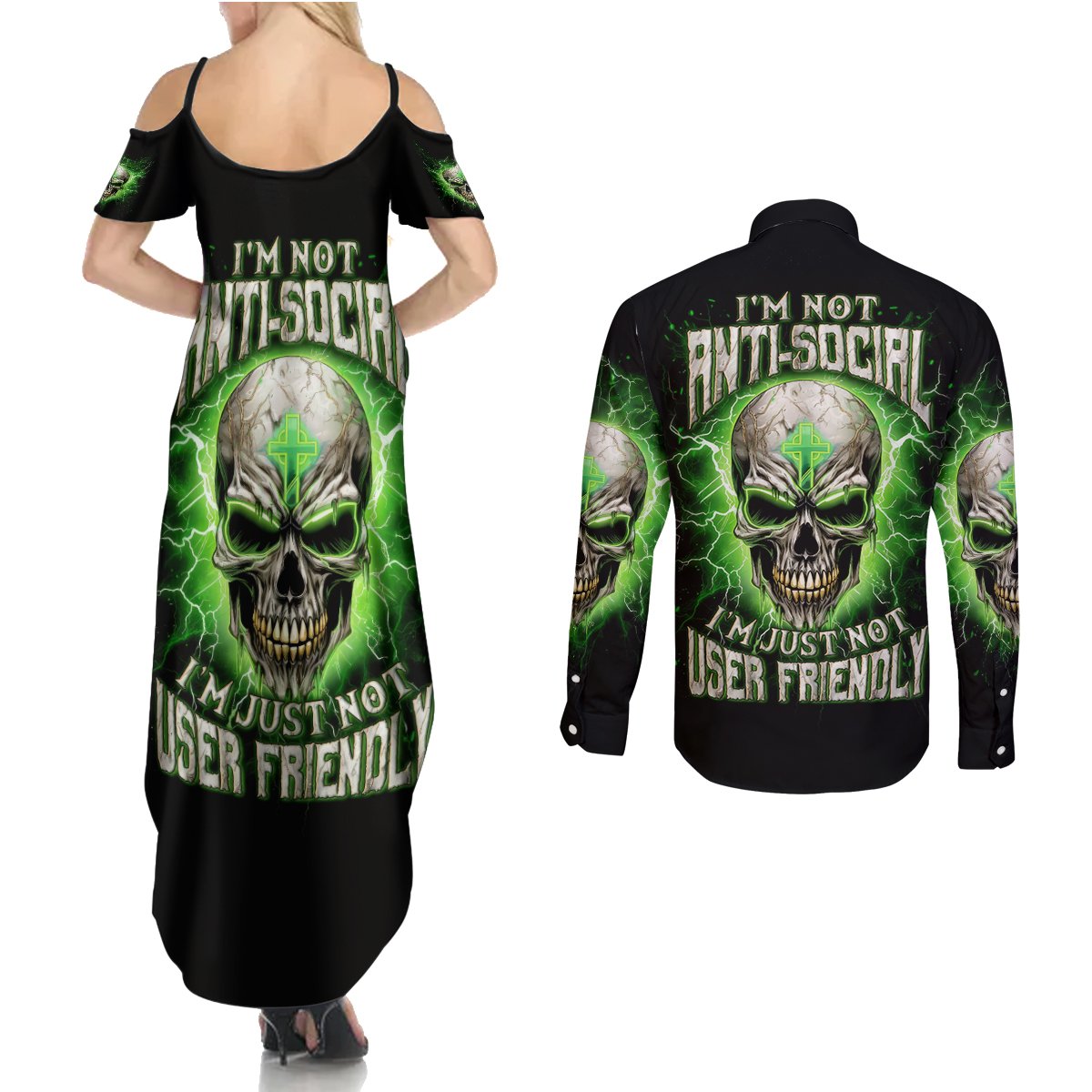 Thunder Skull Couples Matching Summer Maxi Dress and Long Sleeve Button Shirt I'm Not Anti-Social I Must Not User Friendly - Wonder Print Shop